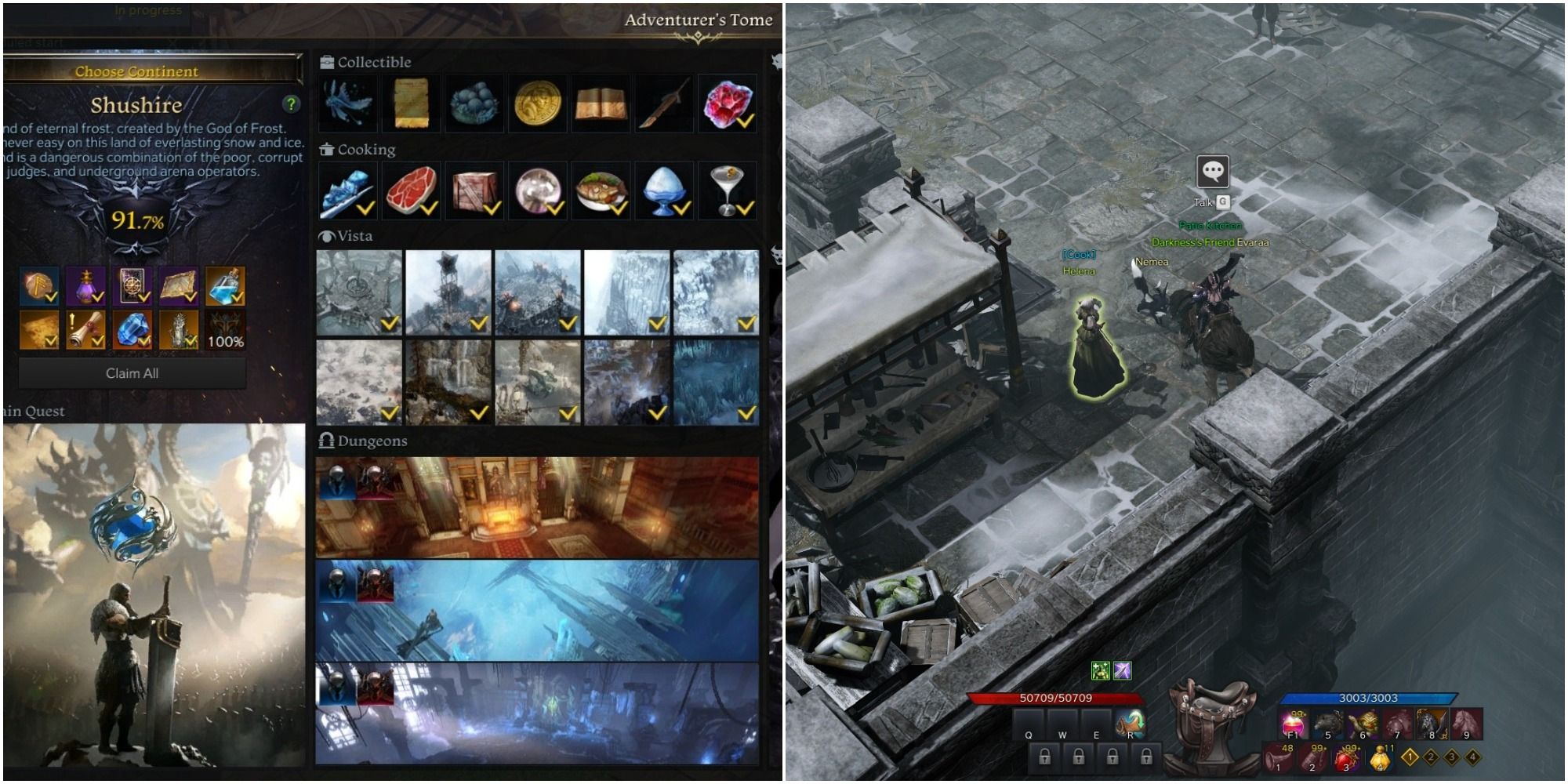 Lost Ark split image of Shushire's Adventurer's Tome and Cook Helena's location in Frozen Sea
