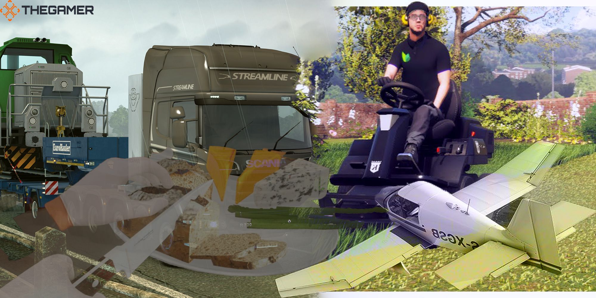 Euro trucks, lawn mowers, airplanes, and a charcuterie board collide in the Simulator Game Multiverse.