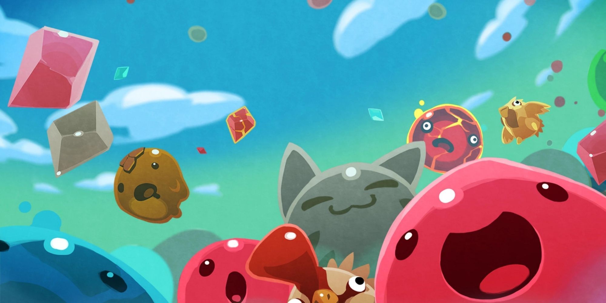 Slime Rancher Viele Arten von Slimes hüpfen lächelnd und schockiert umher