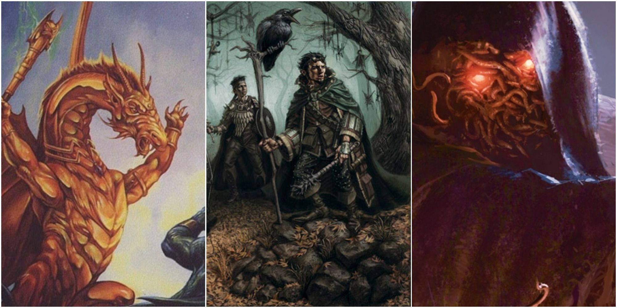 D&D split image a dragon-like creature, two adventurers in a dark wood and a menacing Lovecraftian creature with red glowing eyes