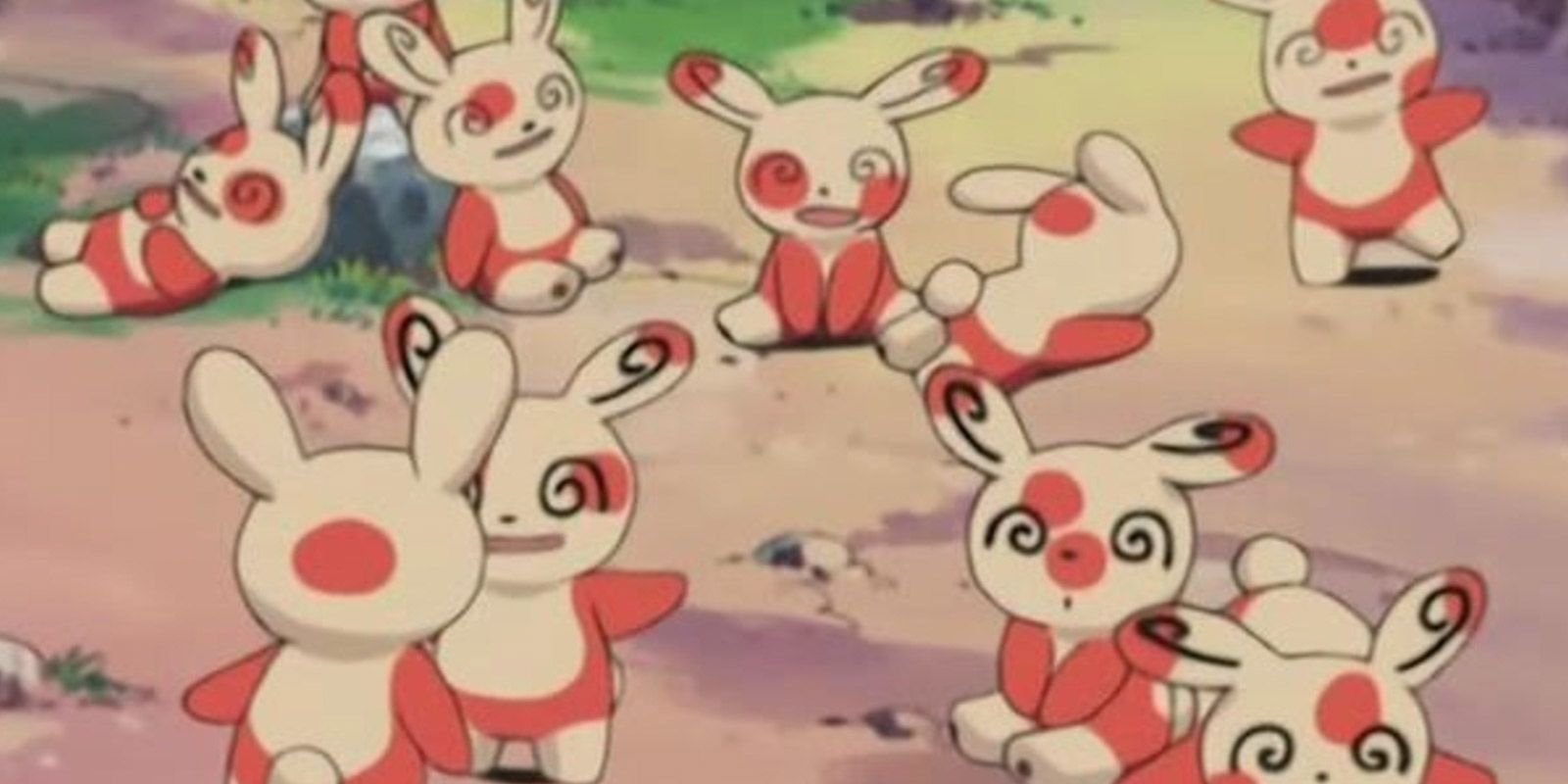 a group of spinda lazing around in the pokemon anime