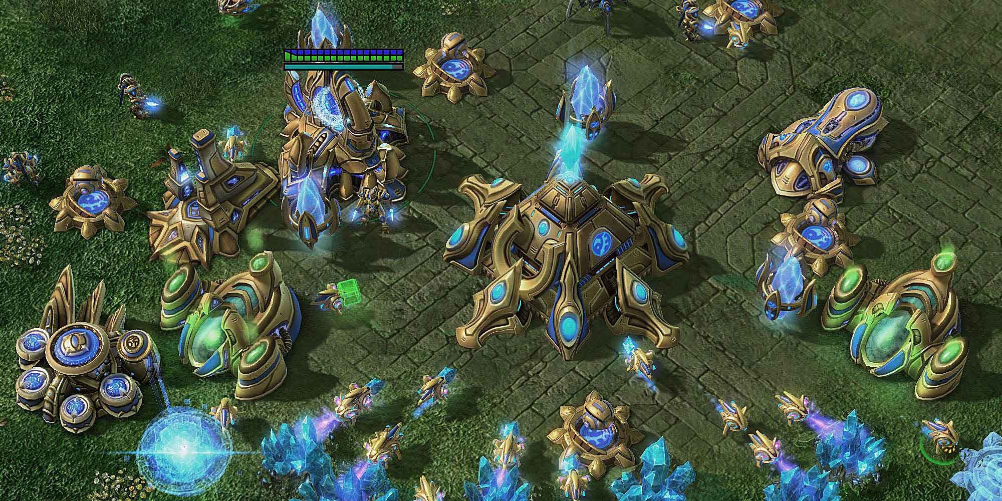 A Protoss base in Starcraft 2