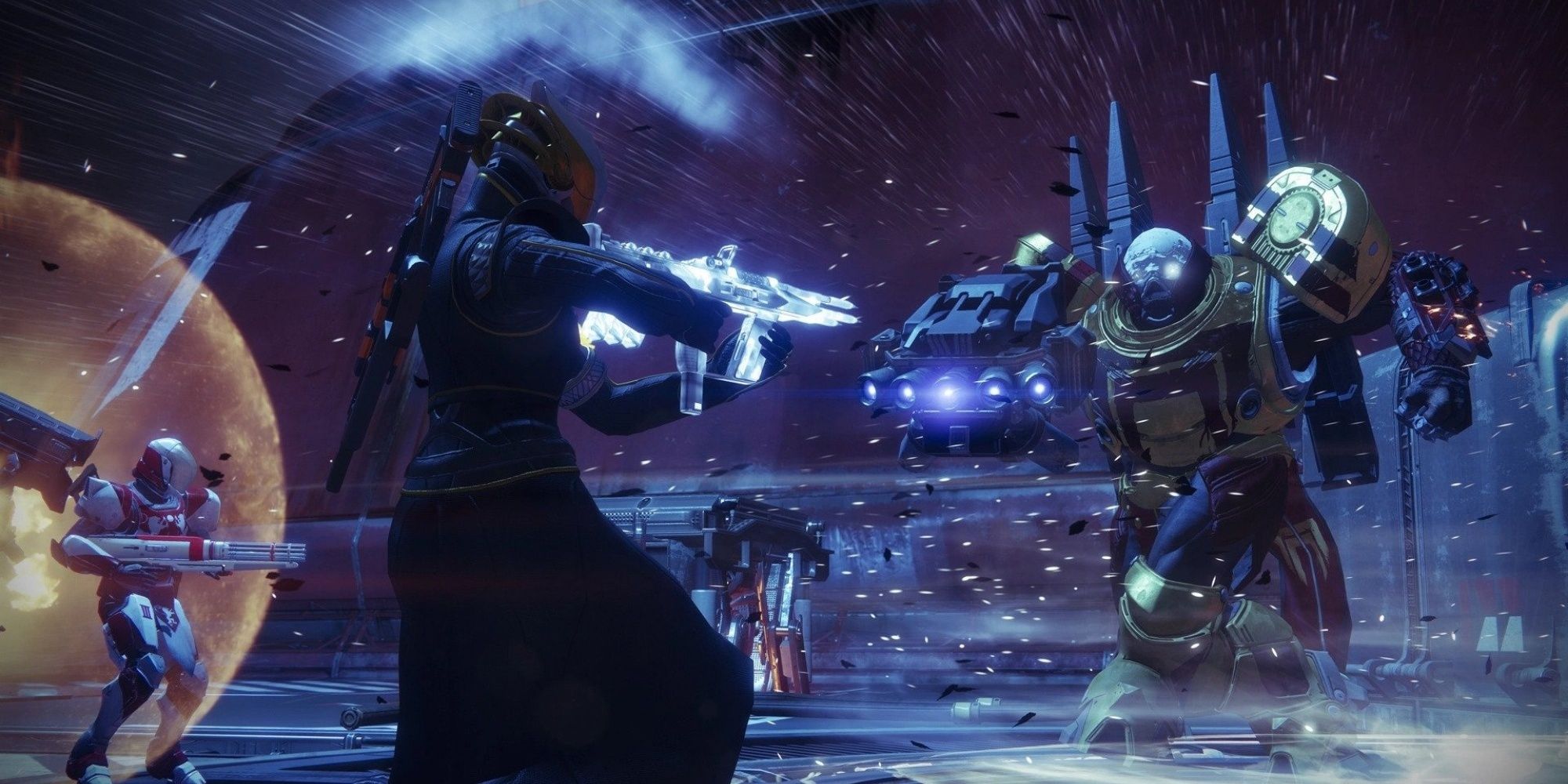 Guardians firing on a cabal boss in Destiny 2