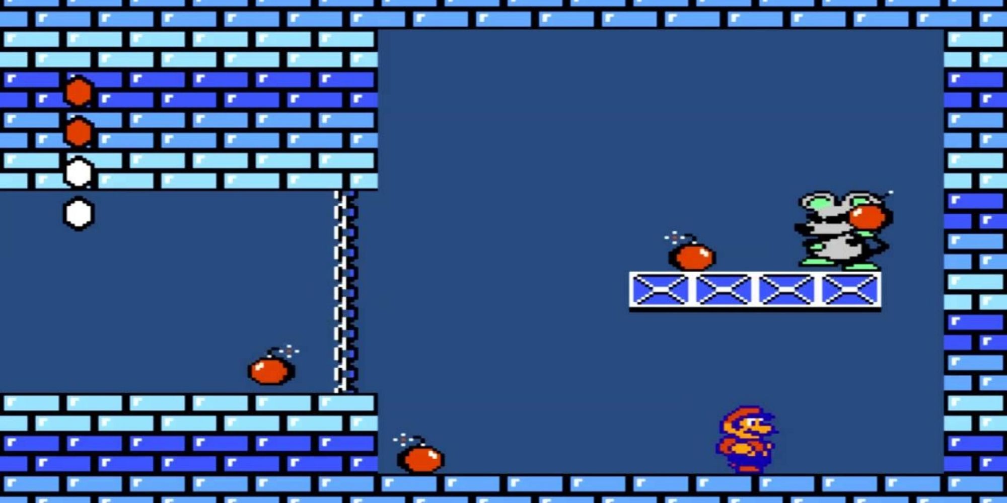 Super Mario Bros. 2 Mouser Attacks Mario With Bombs In A Blue Room