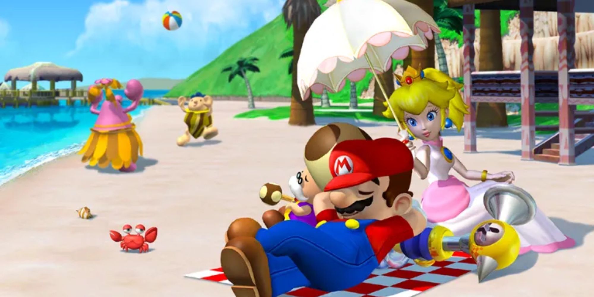 Mario under Peach's parasol in Super Mario Sunshine