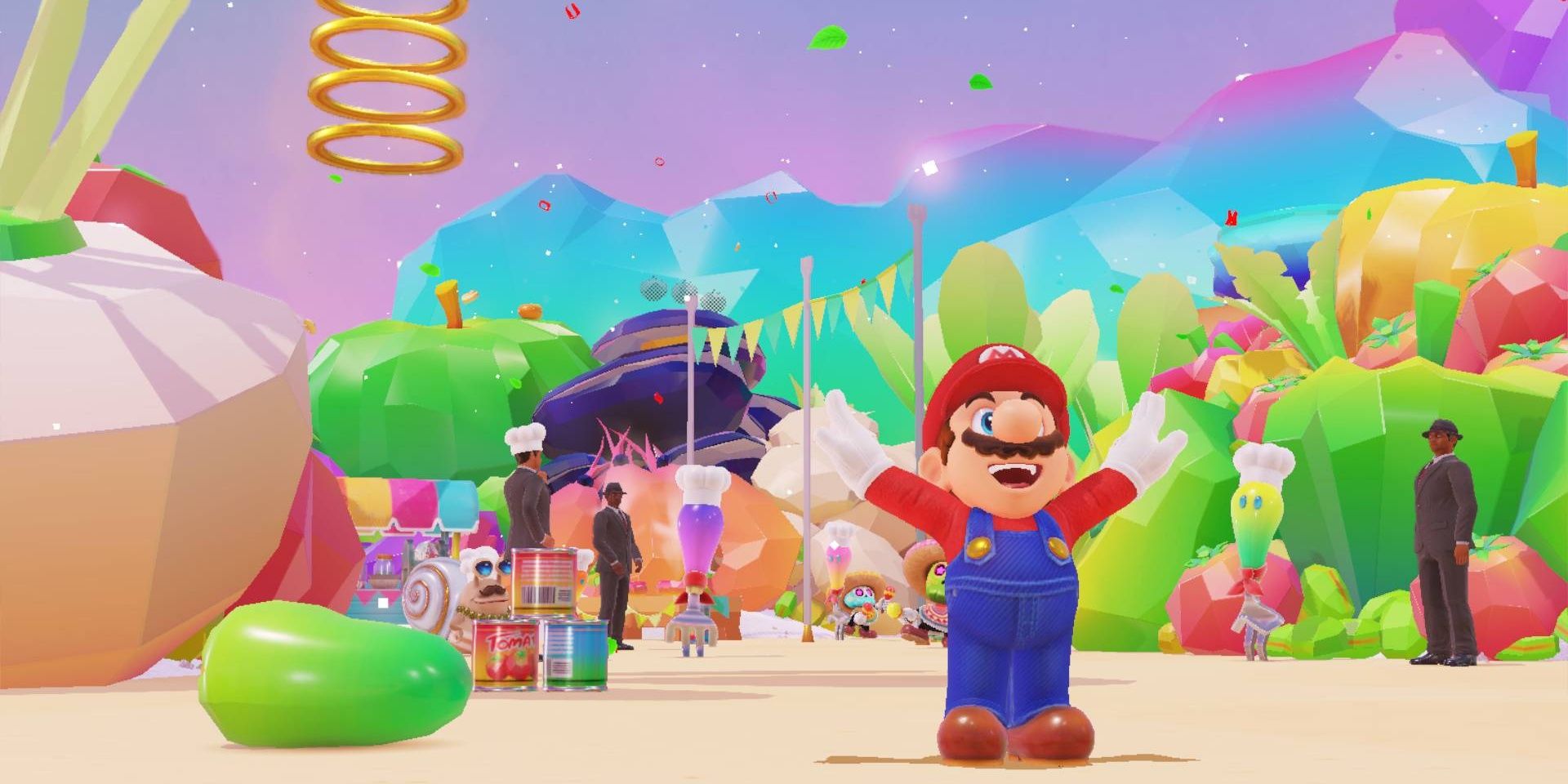 Mario sticking the landing in Luncheon Kingdom in Super Mario Odyssey
