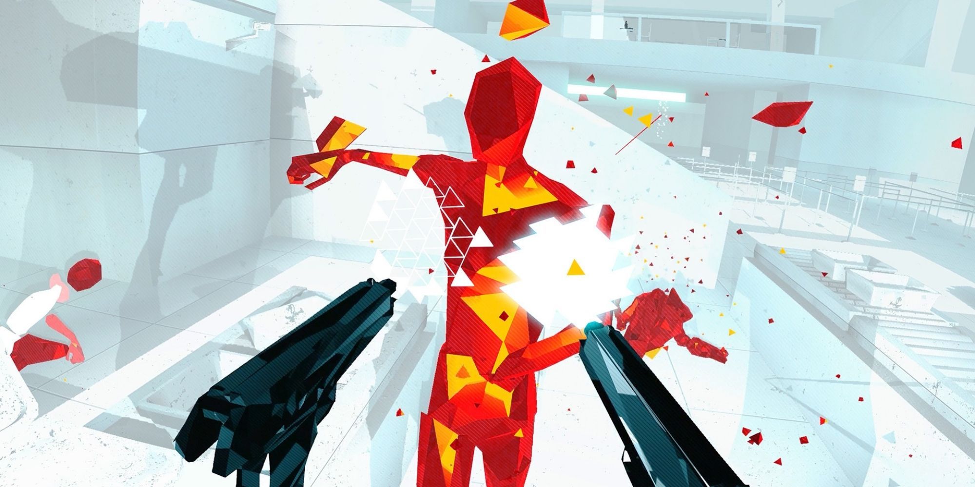 Superhot VR Shooting Dual Weapons At An Incoming Enemy