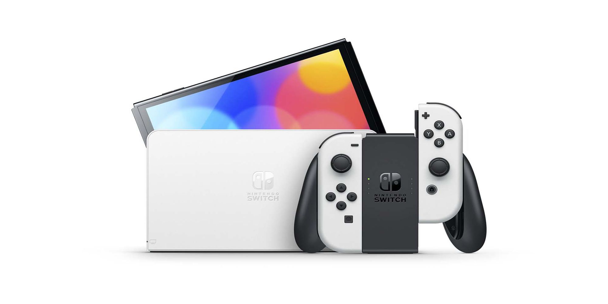 A white Nintendo Switch OLED console with two white joy cons in a black controller grip.
