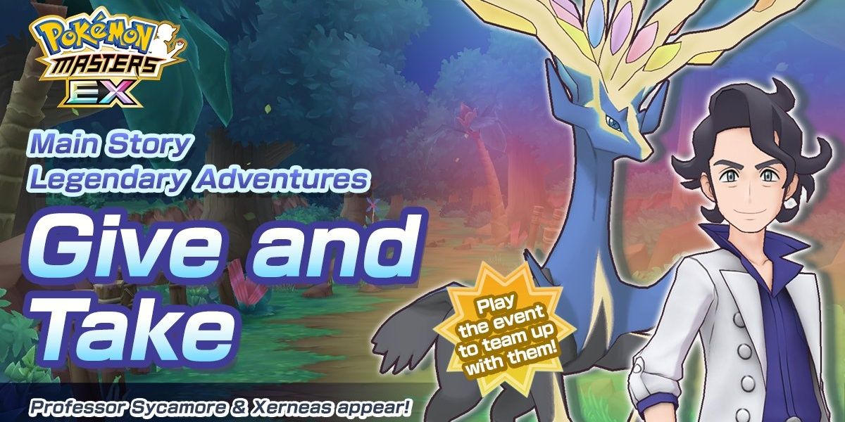 Sycamore and Xerneas from Pokemon Masters EX standing side by side in promotional image for Main Story Legendary Adventures Give and Take. 
