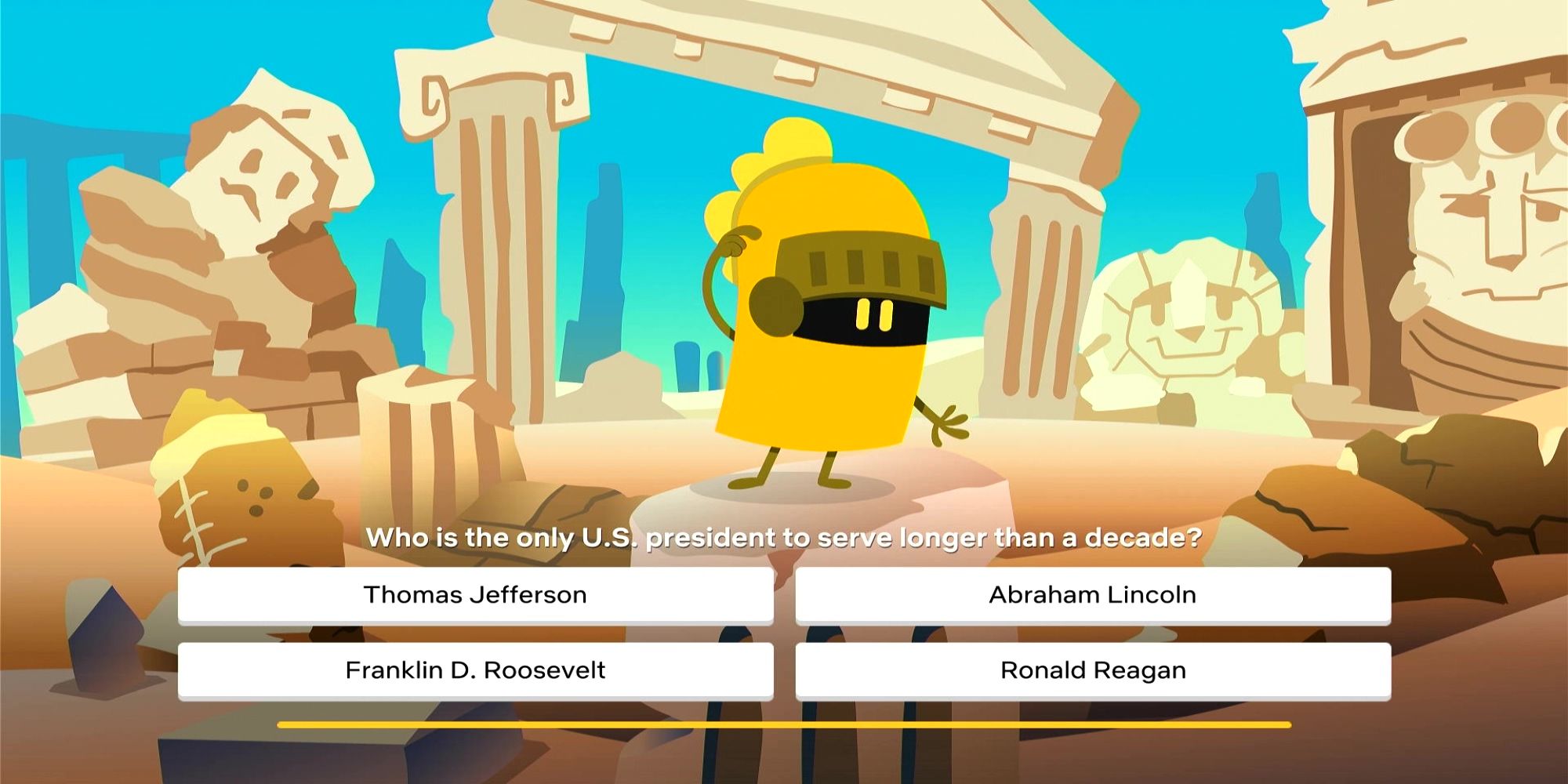 Hector searches the Parthenon while the game asks "Who is the only U.S. president to serve longer than a decade?" Trivia Quest.