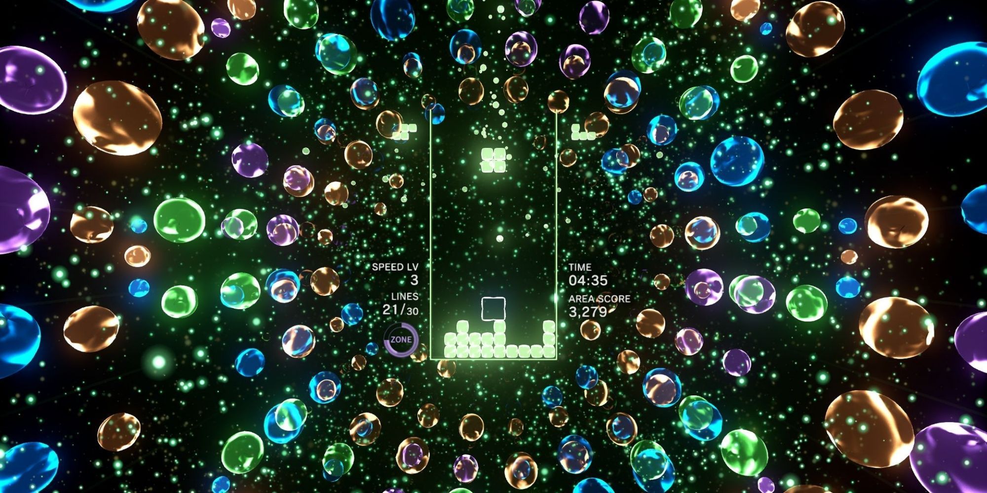 Tetris Effect Colorful Bubbles Spring Toward Tetris Screen With Dark Background