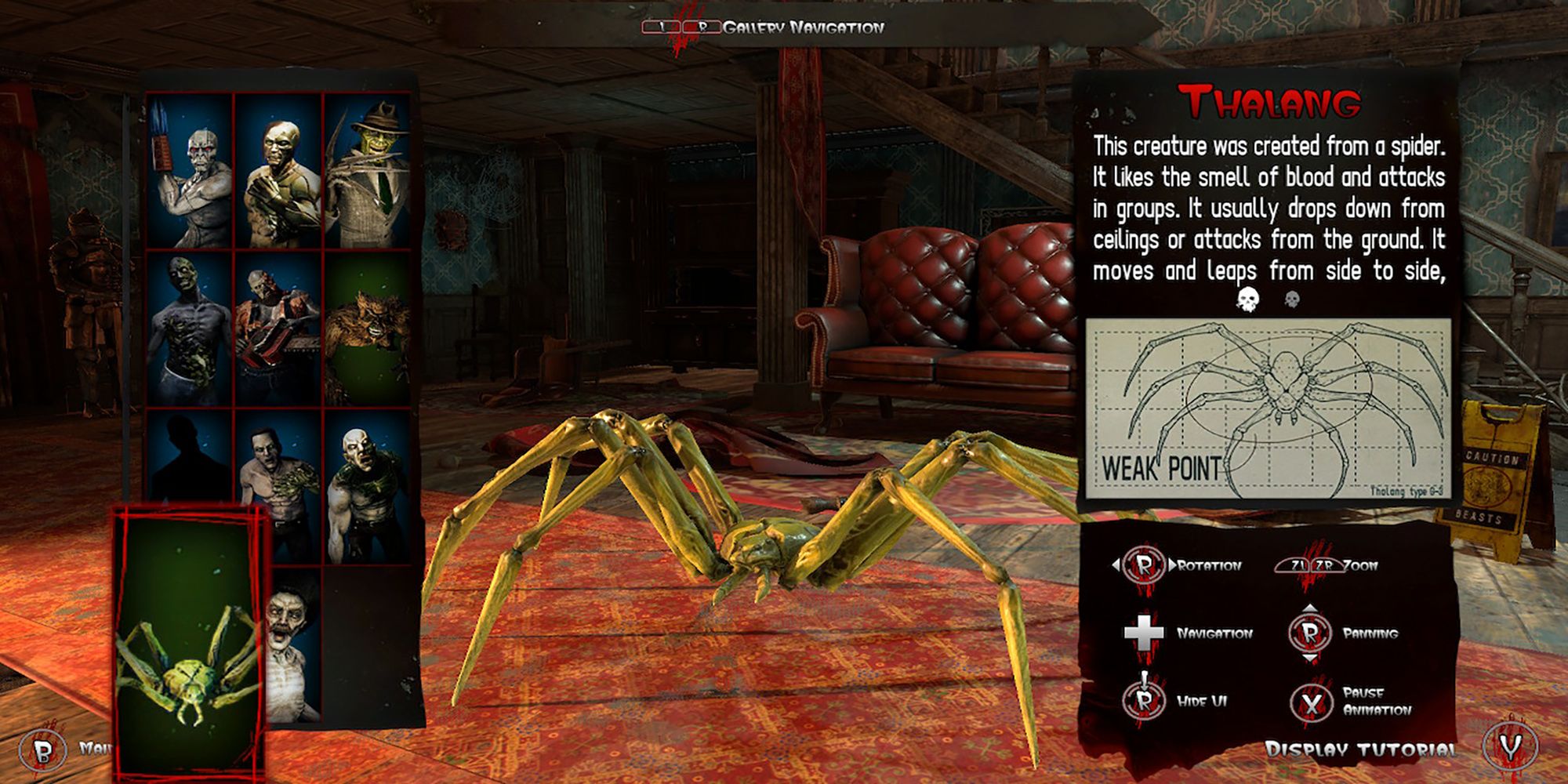 Thalang's creature profile and weak spot diagram from the Creature Library in The House Of The Dead: Remake.