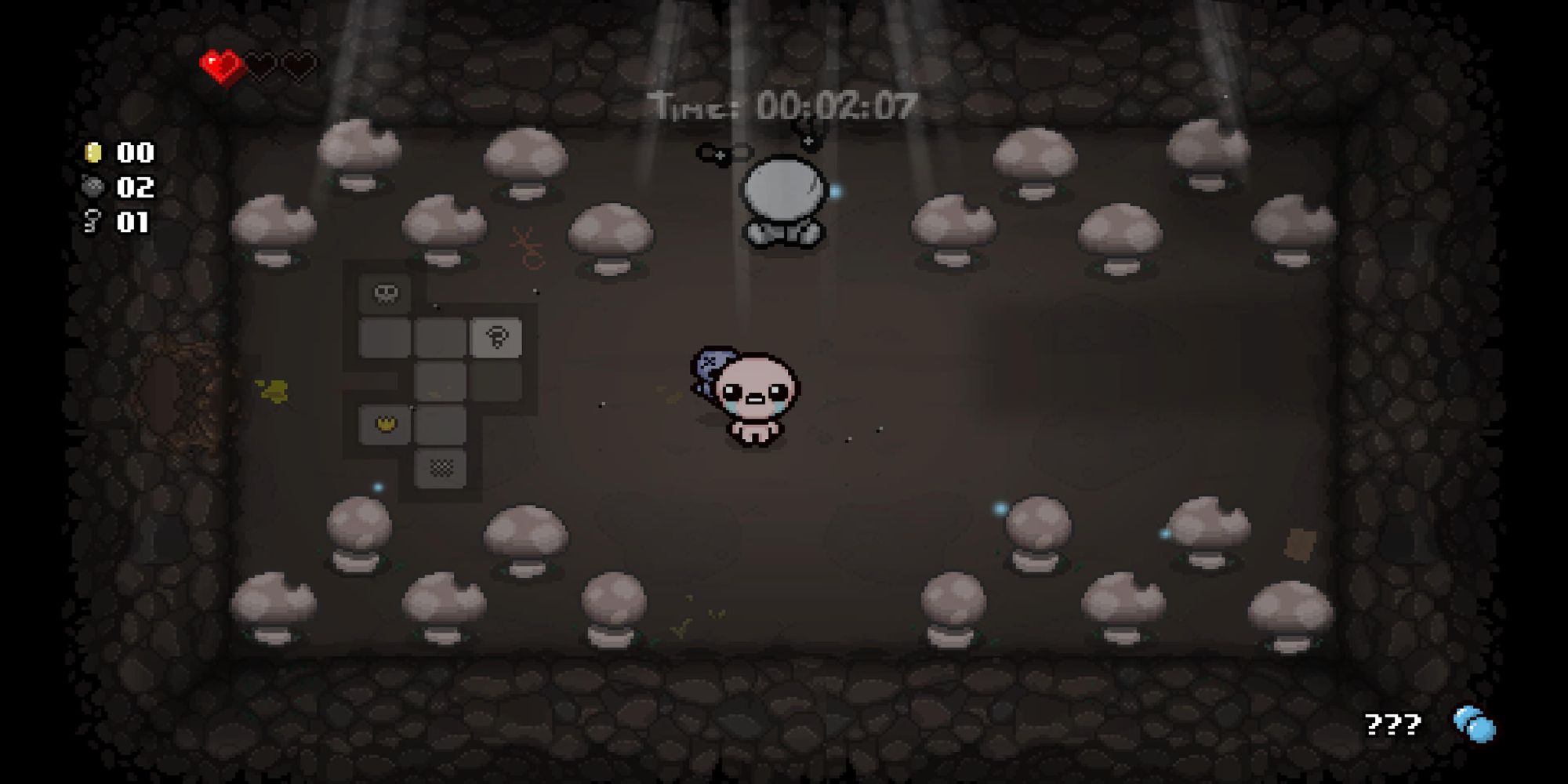 The Binding of Isaac Secret Room with mushrooms, dead person, and flies