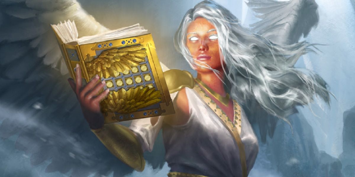 An angelic figure from D&D holding up a golden book