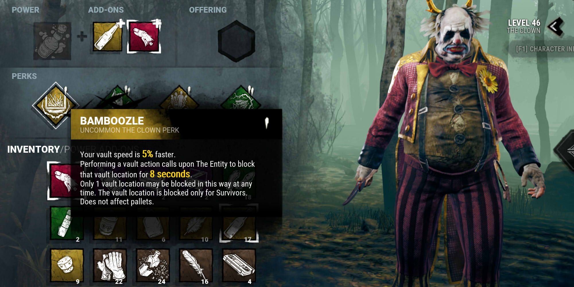 Bamboozle is a perk for The Clown and can be unlocked for all killers' Bloodwebs starting at level 30 of his Bloodweb