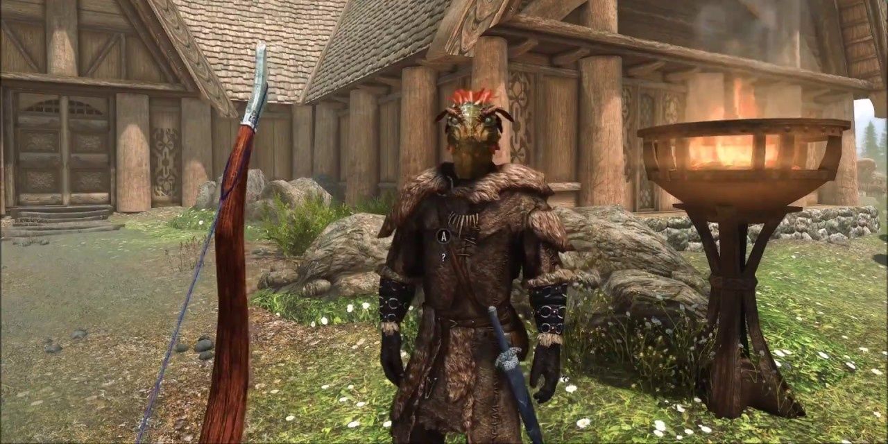 The Elder Scrolls V Skyrim No HUD showing a bow and Argonian