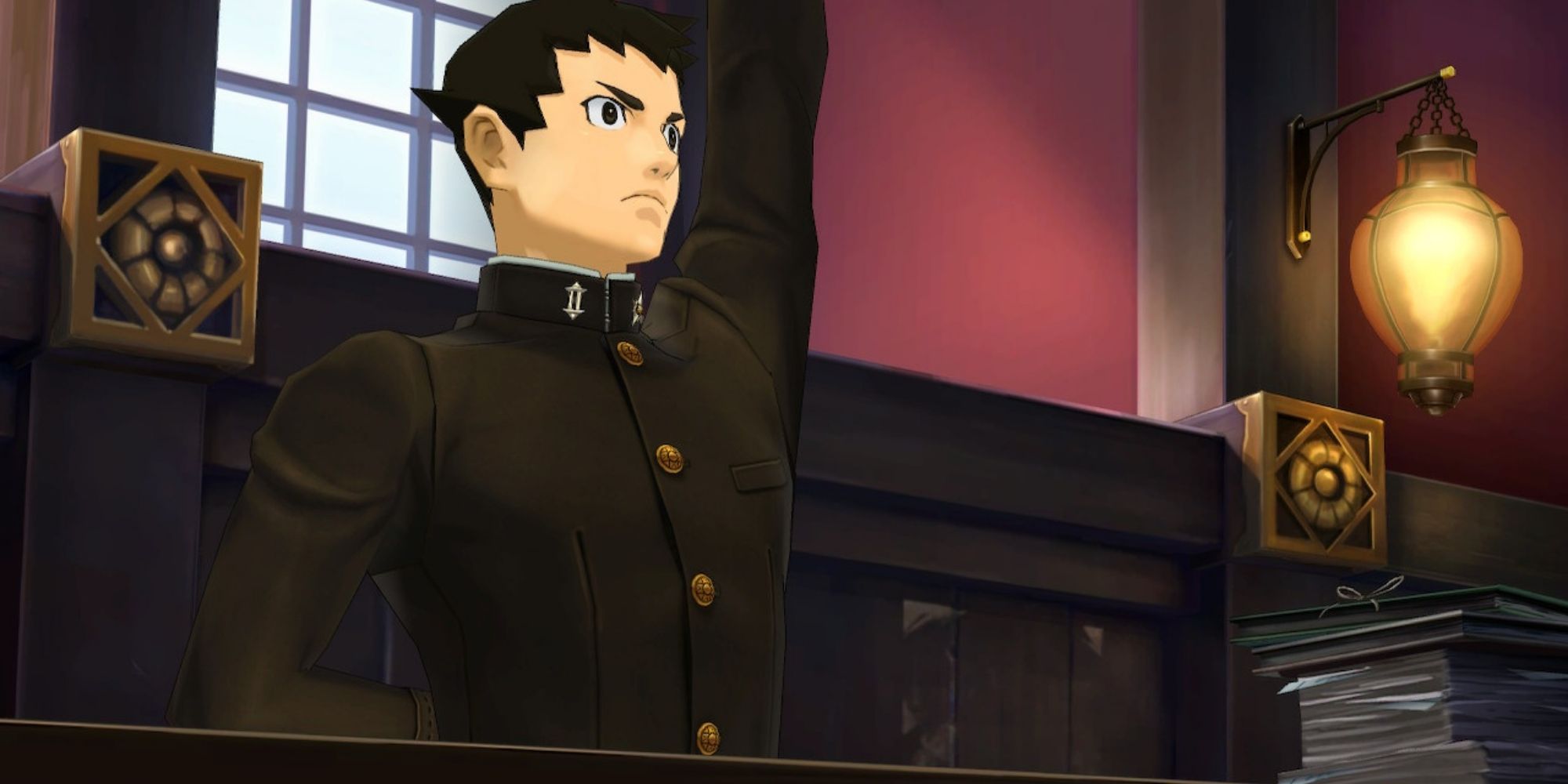The great Chronicles ace lawyer Ryunosuke Naruhodo raises his hand in a Japanese courtroom