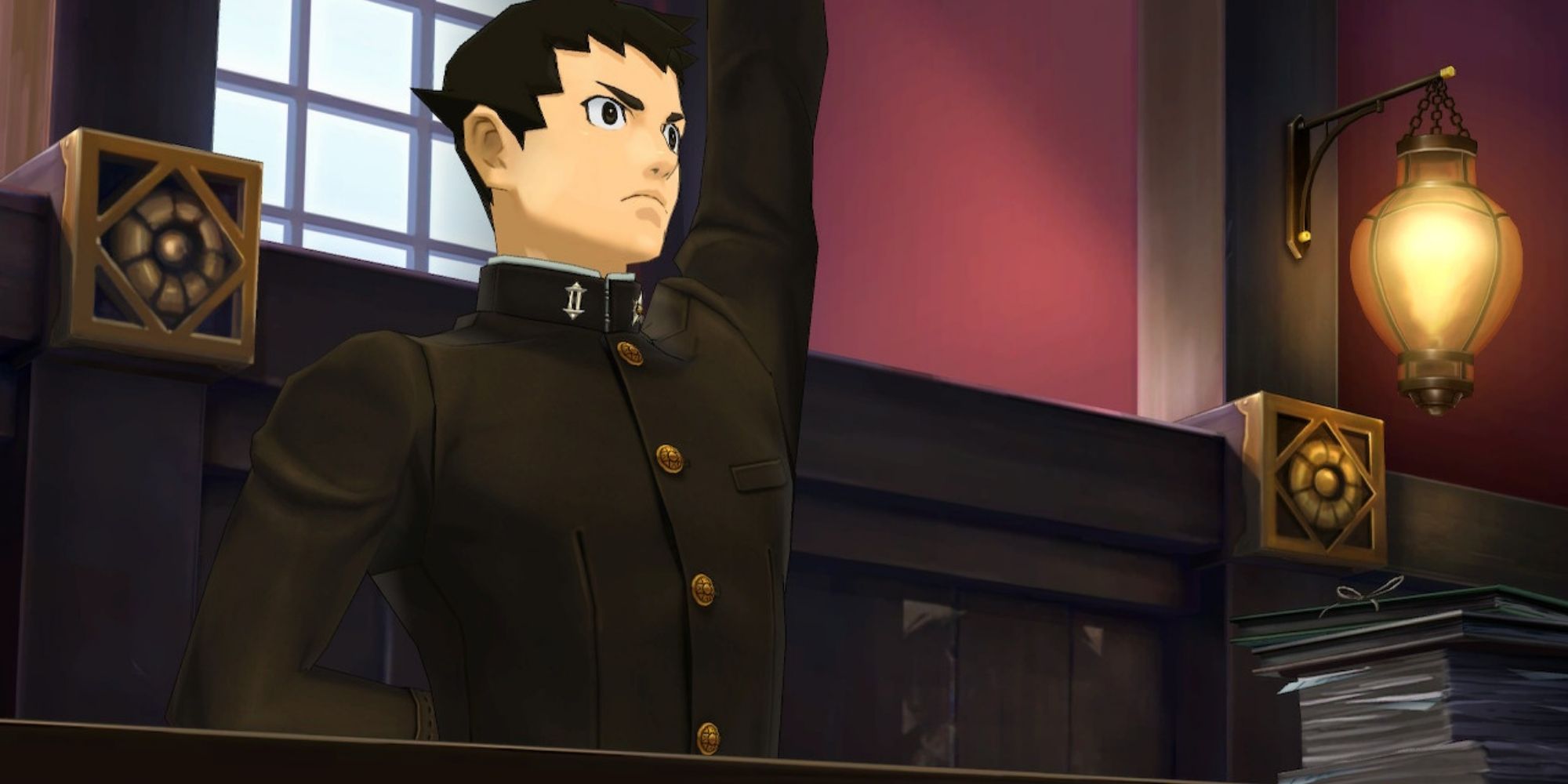 The Great Ace Attorney Chronicles Ryunosuke Naruhodo Raises His Hand In A Japanese Courtroom