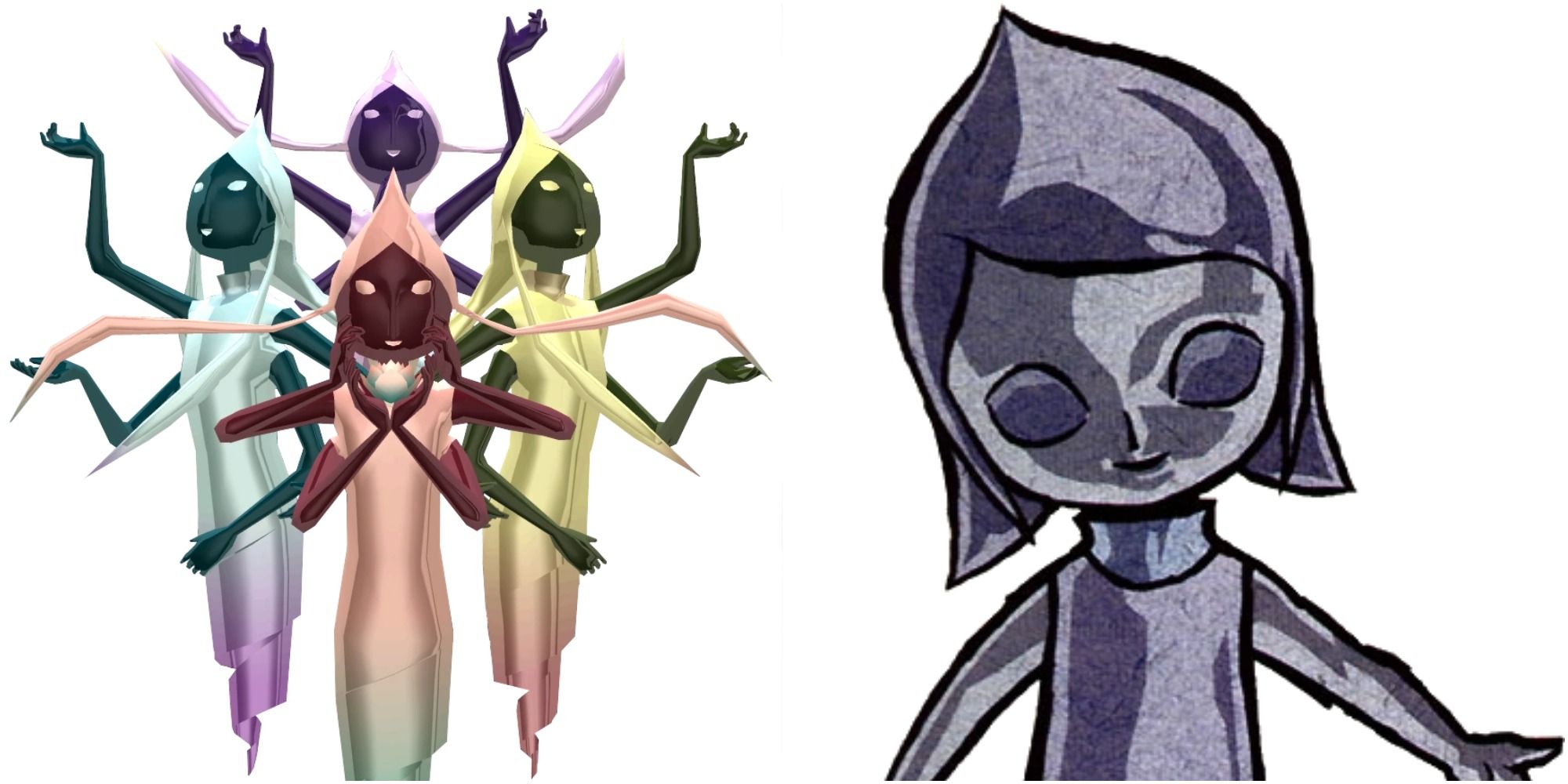 Split image screenshots of the Great Fairies and the Queen of Fairies from The Wind Waker.