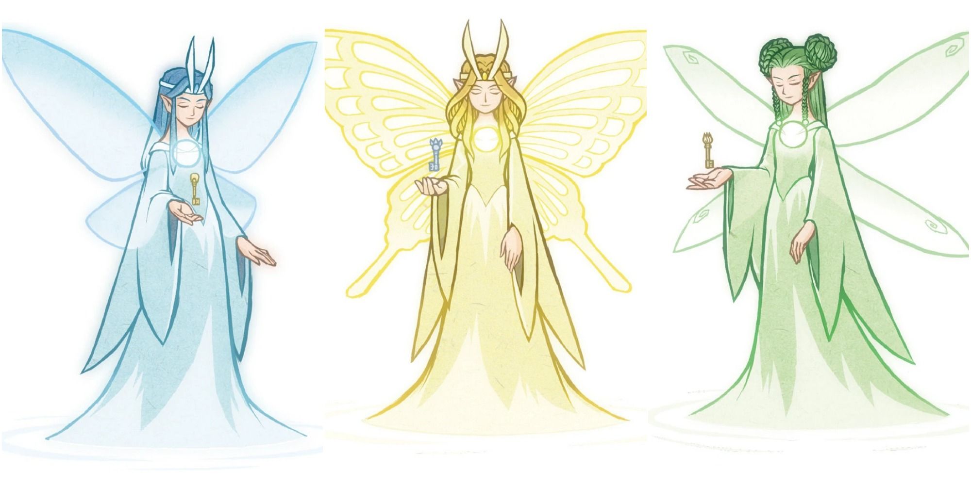 Image of the Great Fairy of Ice, the Great Fairy of Flame and the Great Fairy of Forest each holding a key.