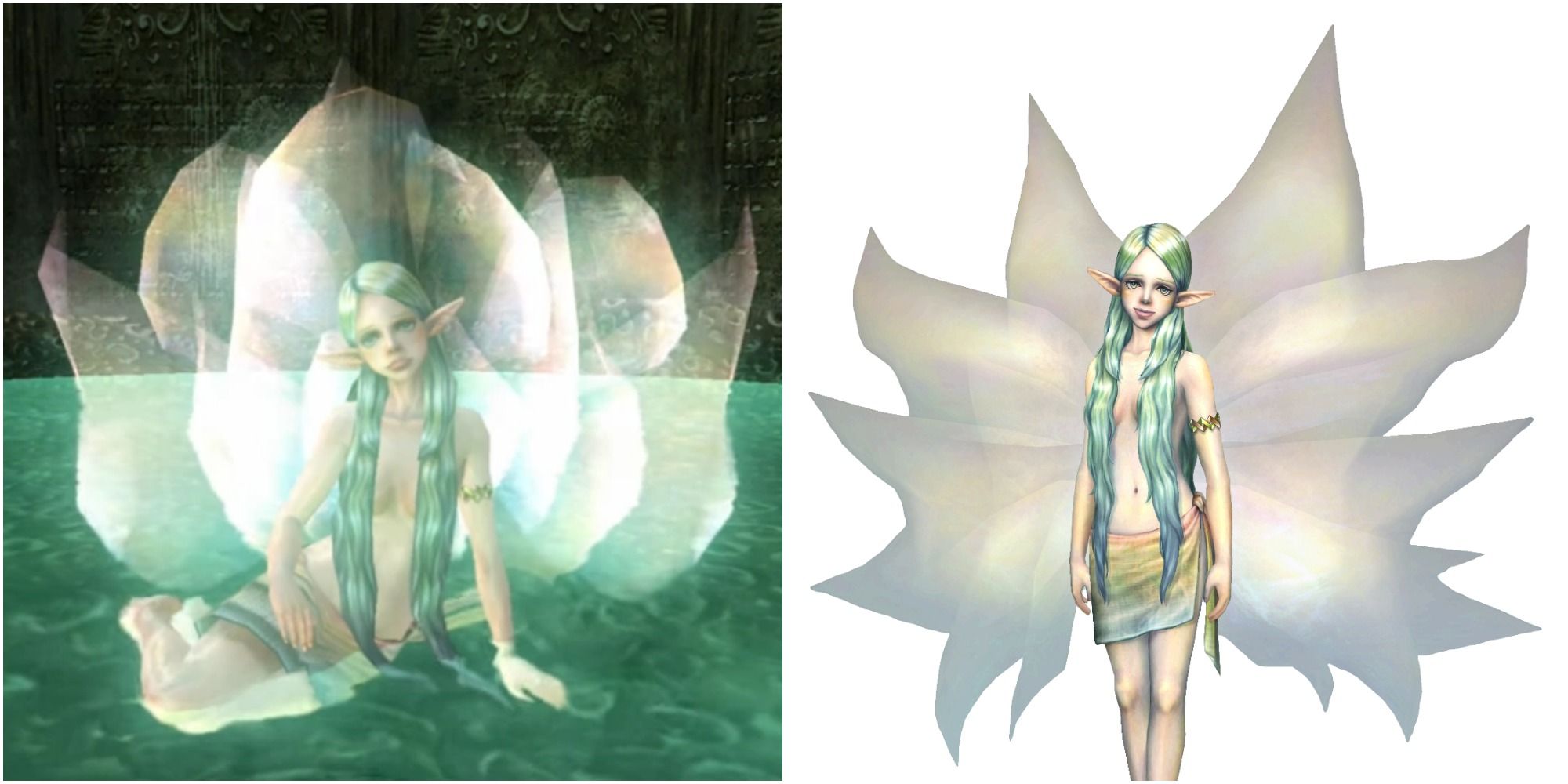 Split image screenshots of the Great Fairy in Twilight Princess.