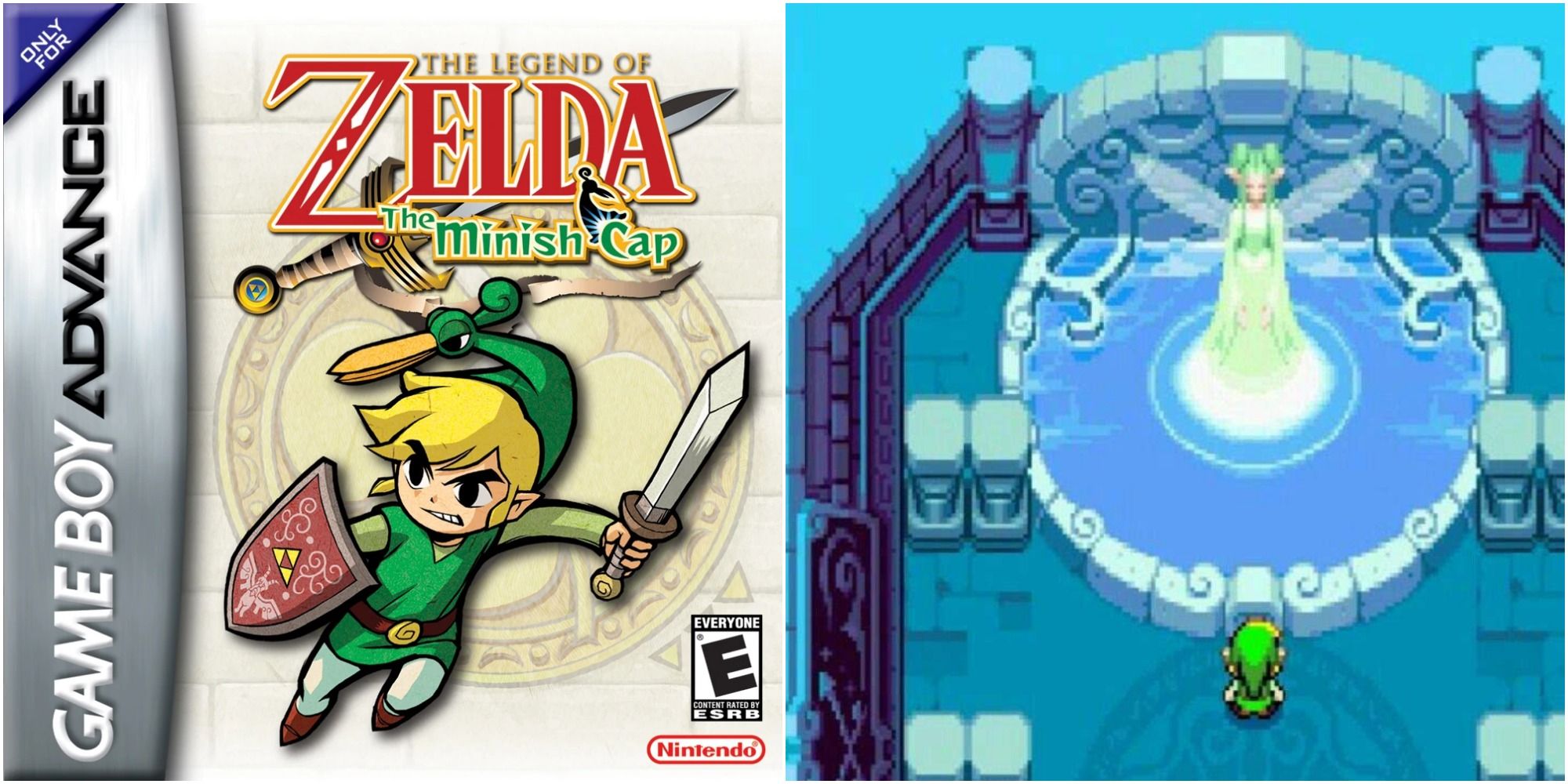 Split image of The Legend of Zelda: Minish Cap box art and a screenshot of the Great Dragonfly Fairy’s fountain. 
