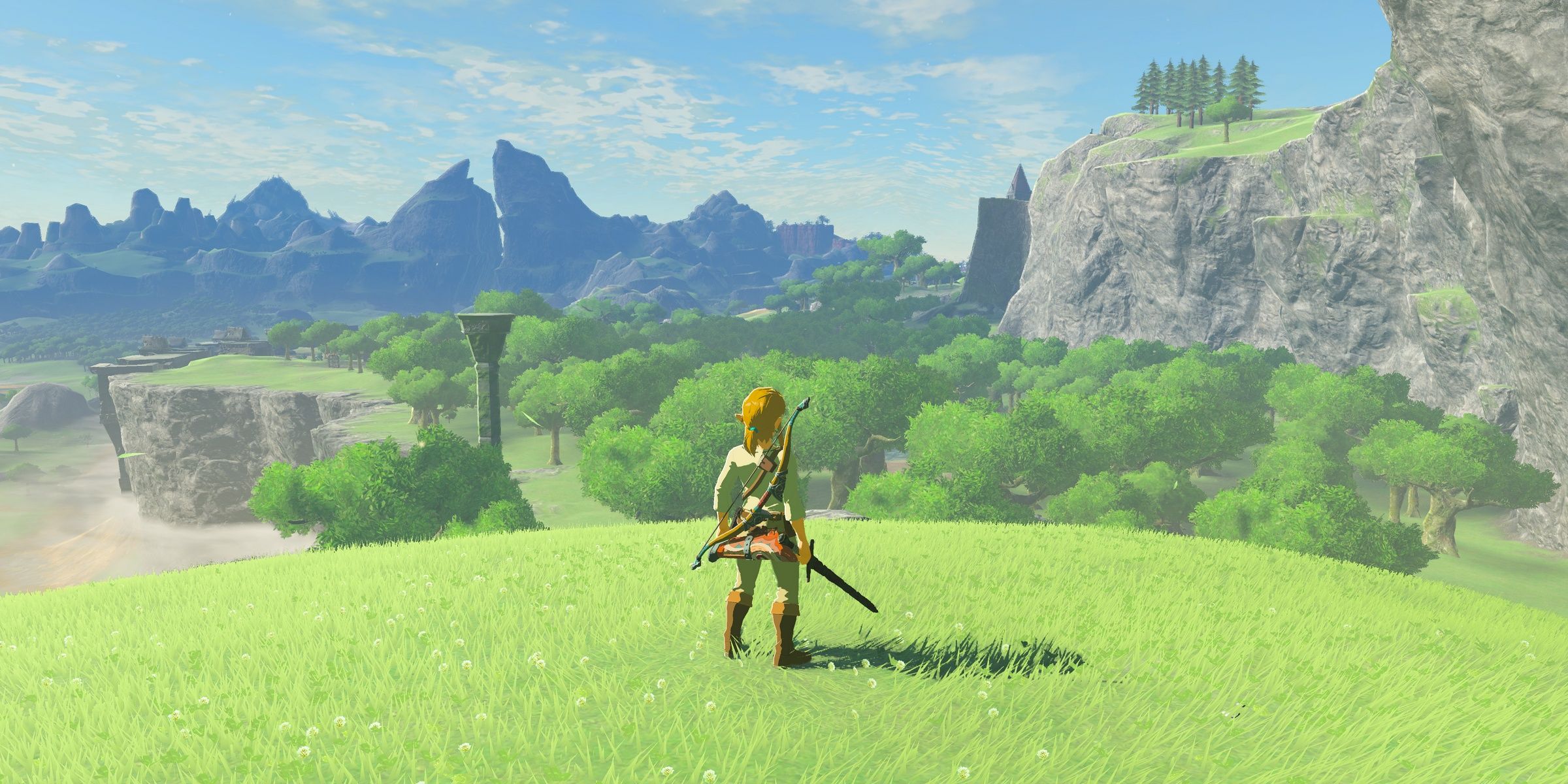 The Legend of Zelda Breath of the Wild No HUD showing Link on top of a hill