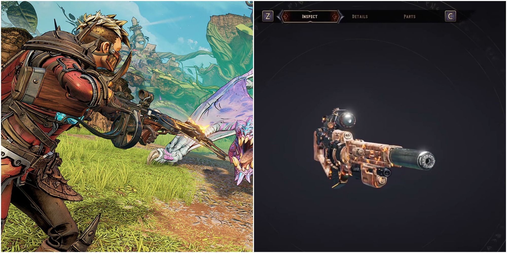 Split image from left to right: a player firing a crossbow gun at a wyvern in Tangledrift and a Dry'l's Fury Sniper