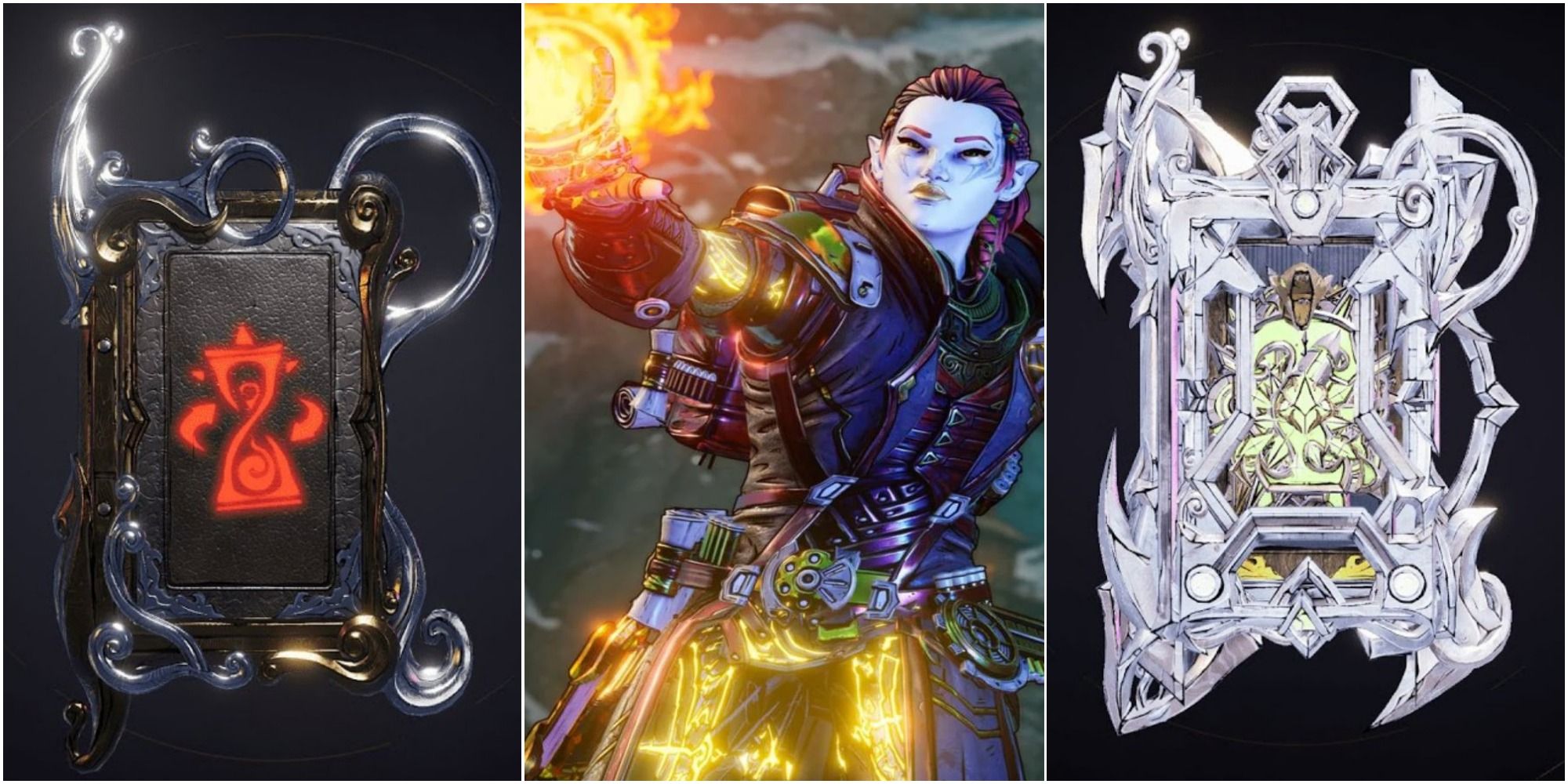 Split image from left to right: Time Skip spell, Spellshot casting a fire spell, and Sawblades spell