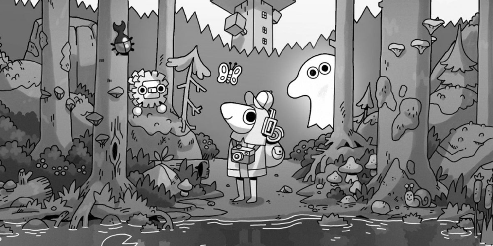 Toem Character Stands By Pond In Woods With Ghosts and Critters Behind Him