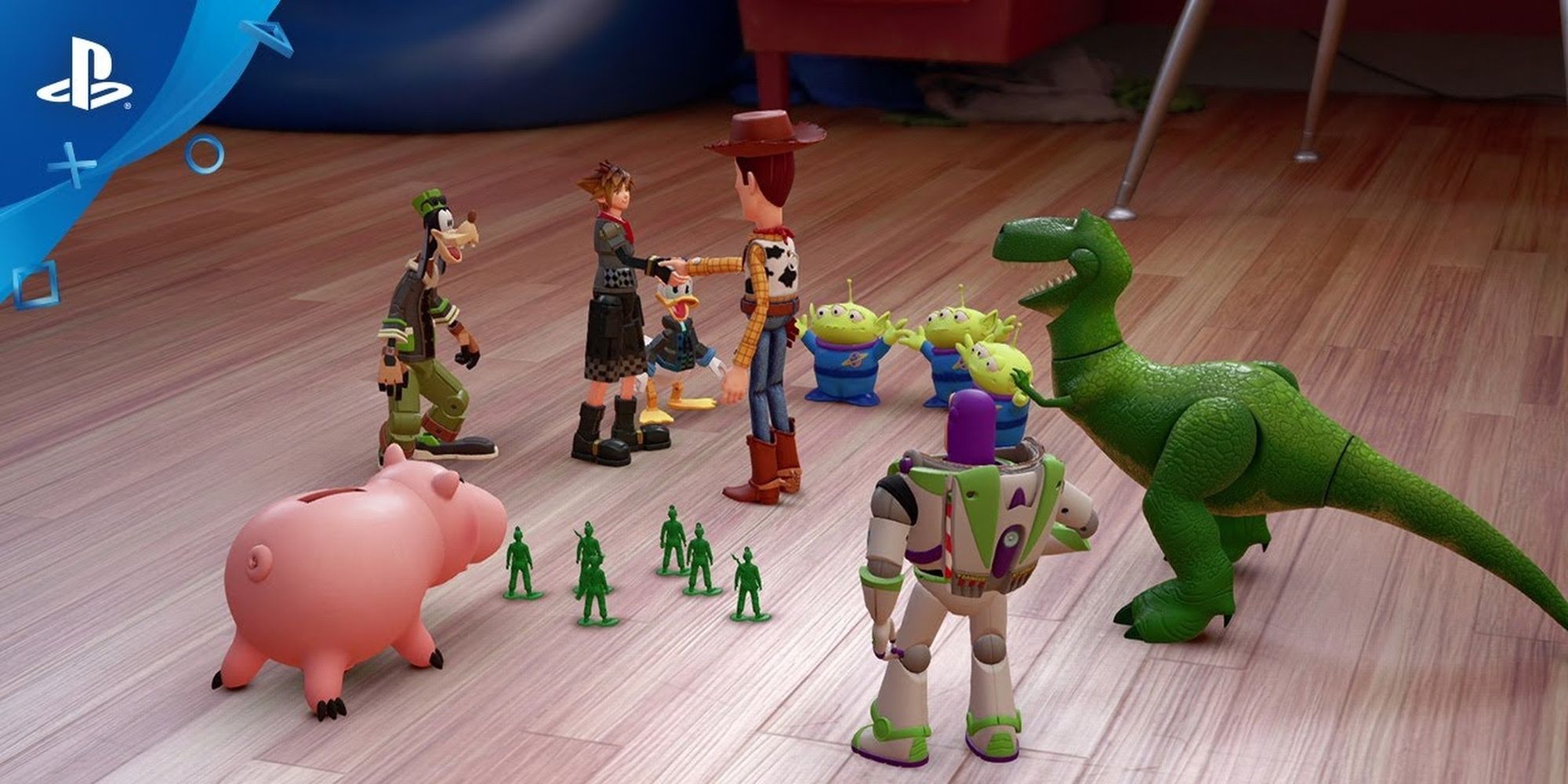 Sora, Donald, Goofy, Woody, Buzz Lightyear, Rex, Hamm, Sarge and the Bucket O Soldiers and the Aliens in Kingdom Hearts 3