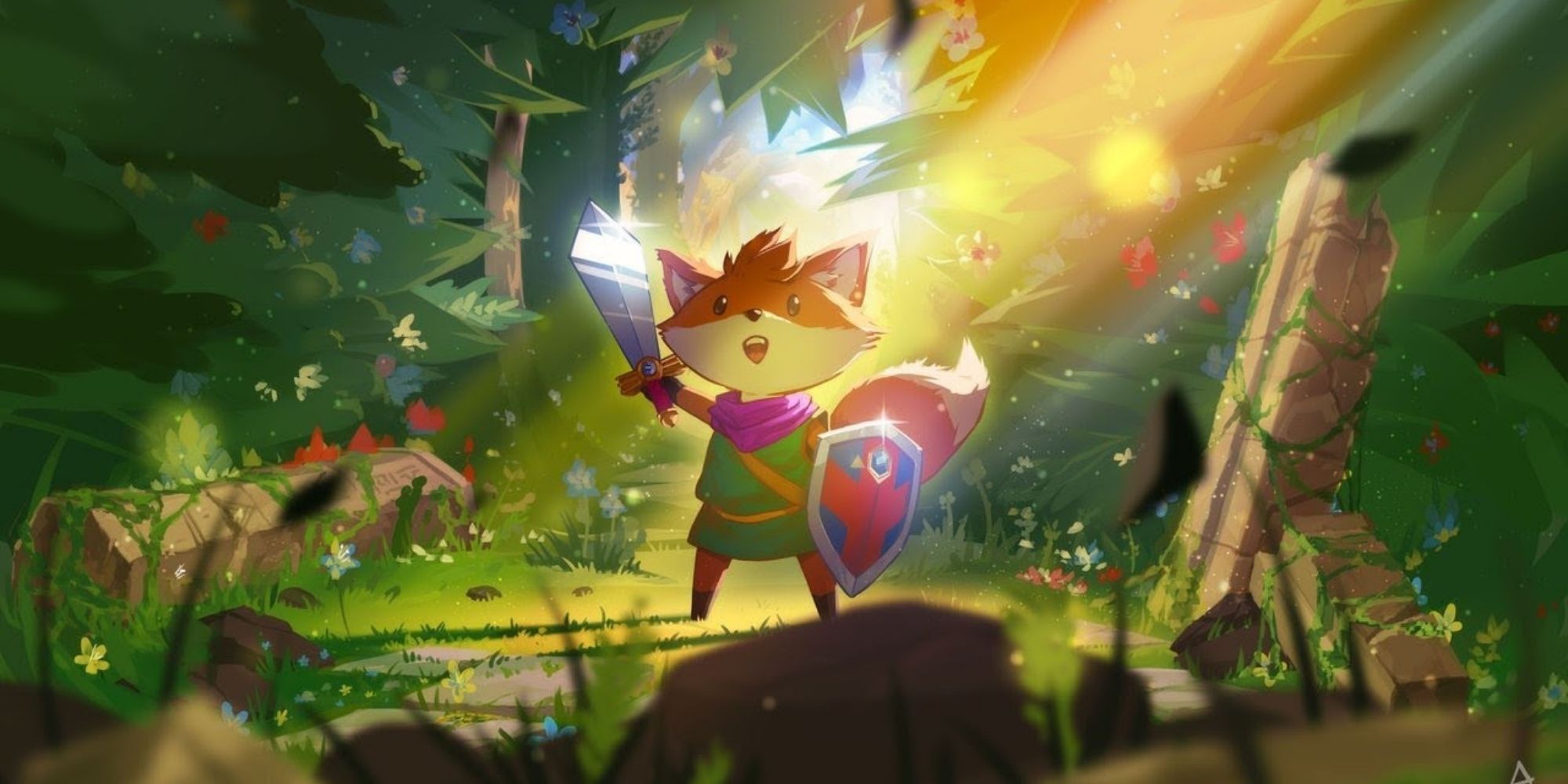Tunic Fox Holds Sword Into The Air In A Beautiful Forest