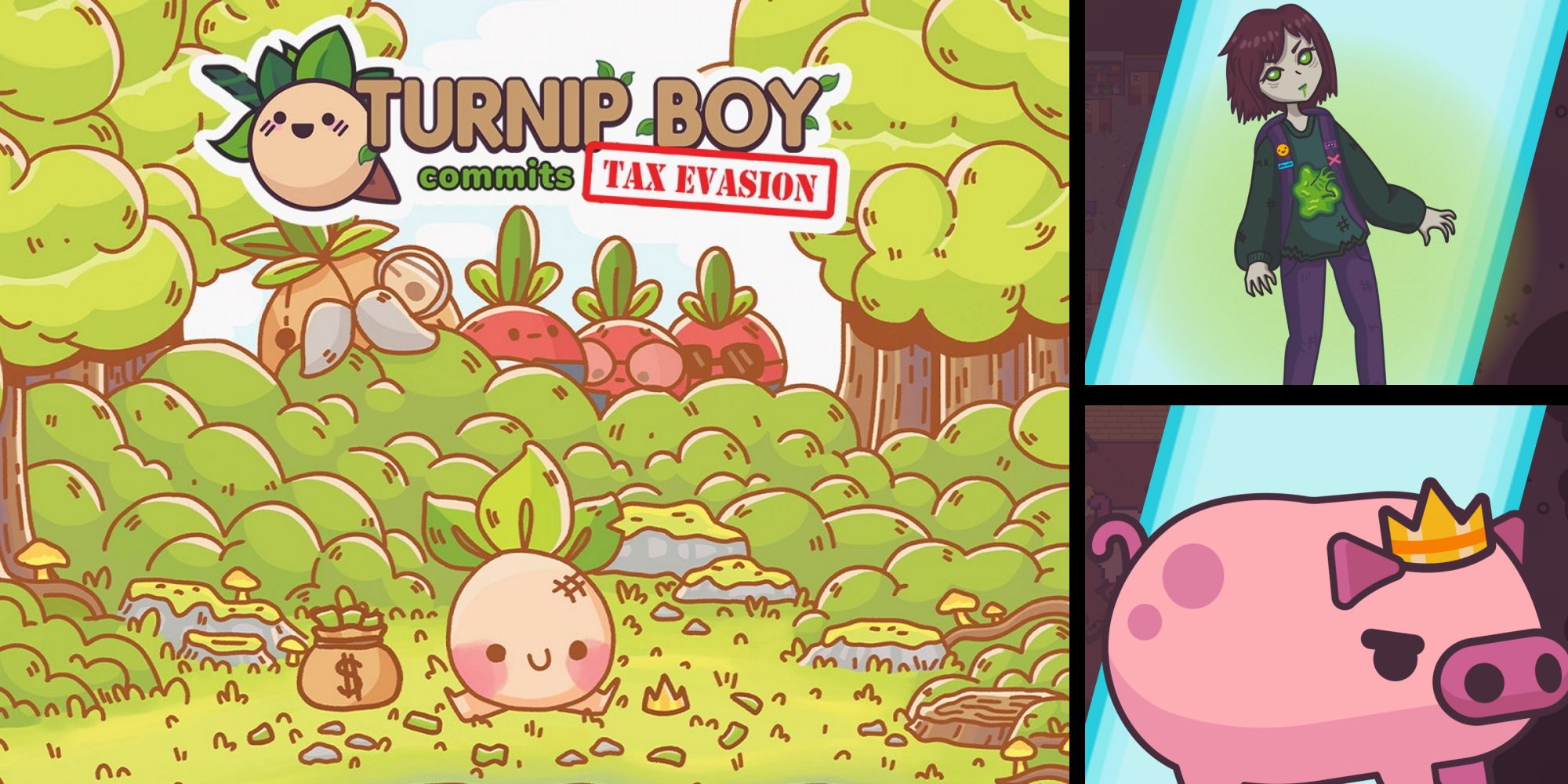 Turnip Boy Commits Tax Evasion Title Screen, Liz, and King Pig
