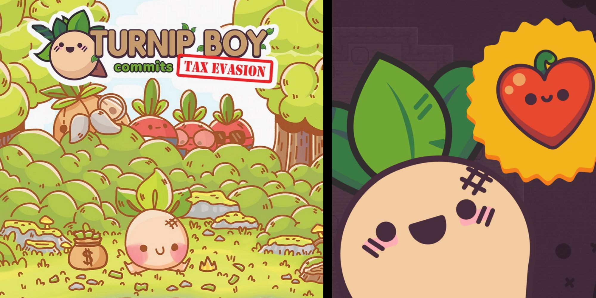 Turnip Boy Commits Tax Evasion Title Screen and Heart Fruit Images