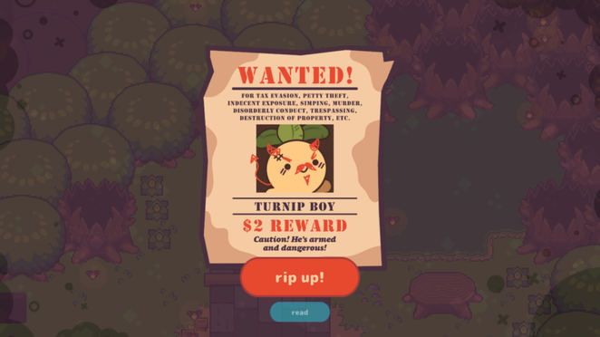 Vandalized Wanted Poster from Turnip Boy Commits Tax Evasion