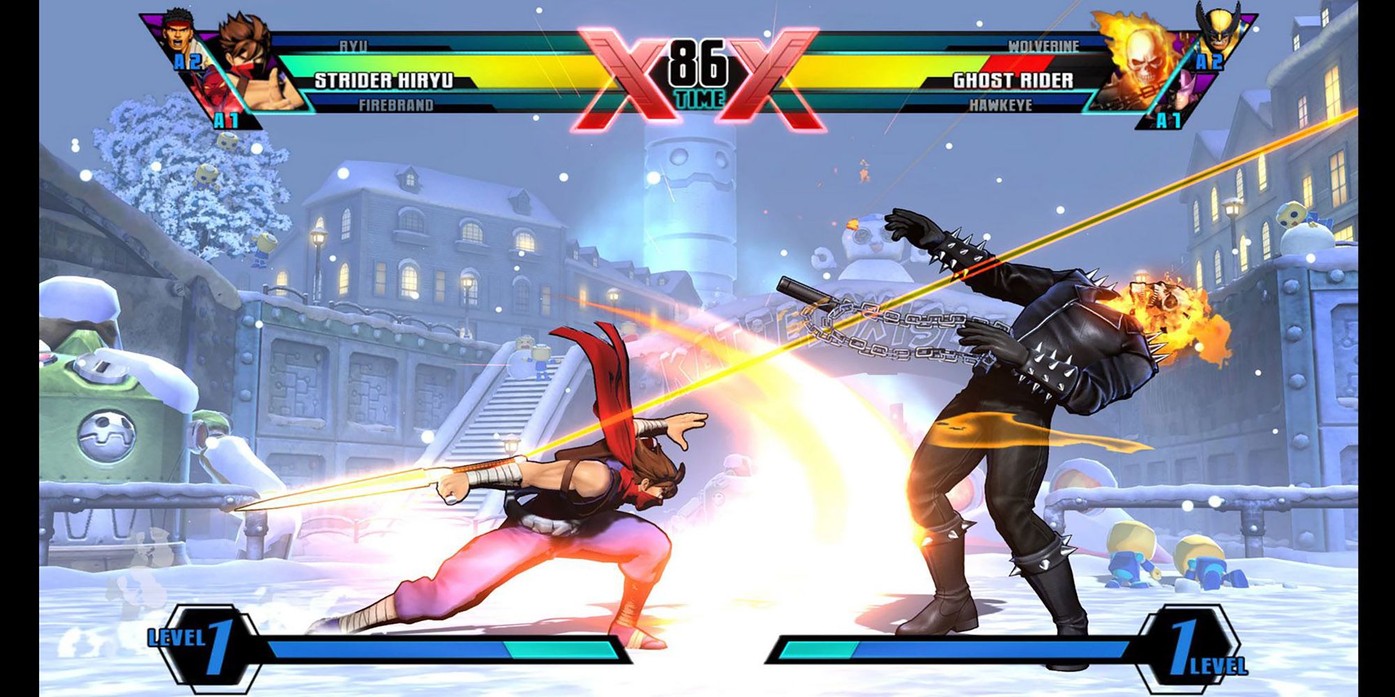 Strider Hiryu strikes Ghost Rider in a battle at T Bonne's winter wonderland in Ultimate Marvel vs. Capcom 3.