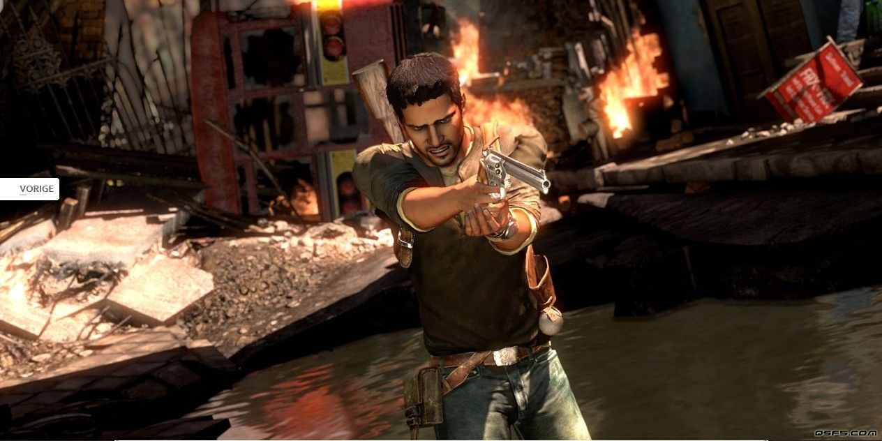 Uncharted 2 screenshot of nathan drake holding a gun