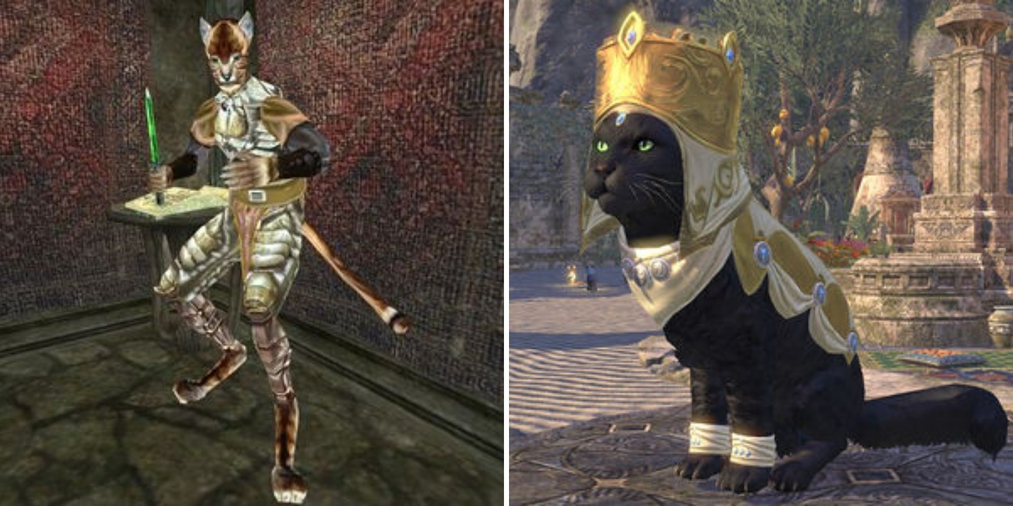 Khajiit with a dagger and Khajiit with a crown from seperate Elder Scrolls titles