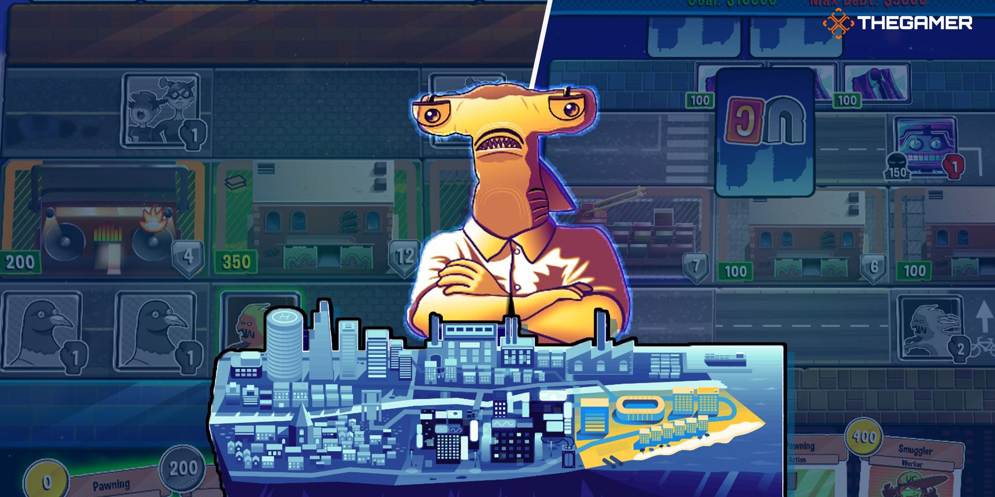 A Hammerhead Shark overlooks the city setting of Urban Cards. In the background, there are two screenshots featuring Urban Cards' gameplay.