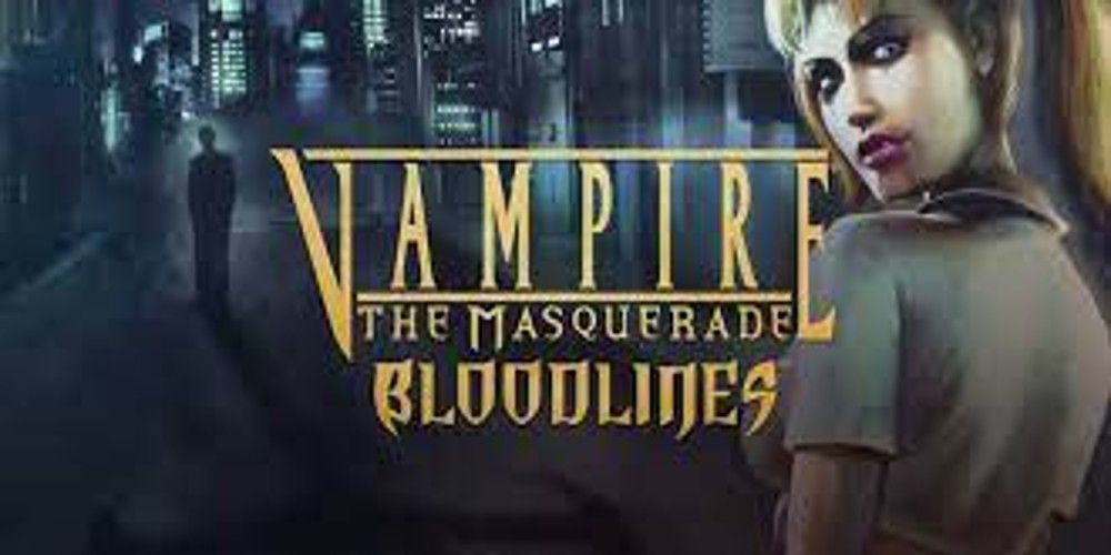 A blonde vampire looks over her shoulder and a silhouette of a man stands in the dark