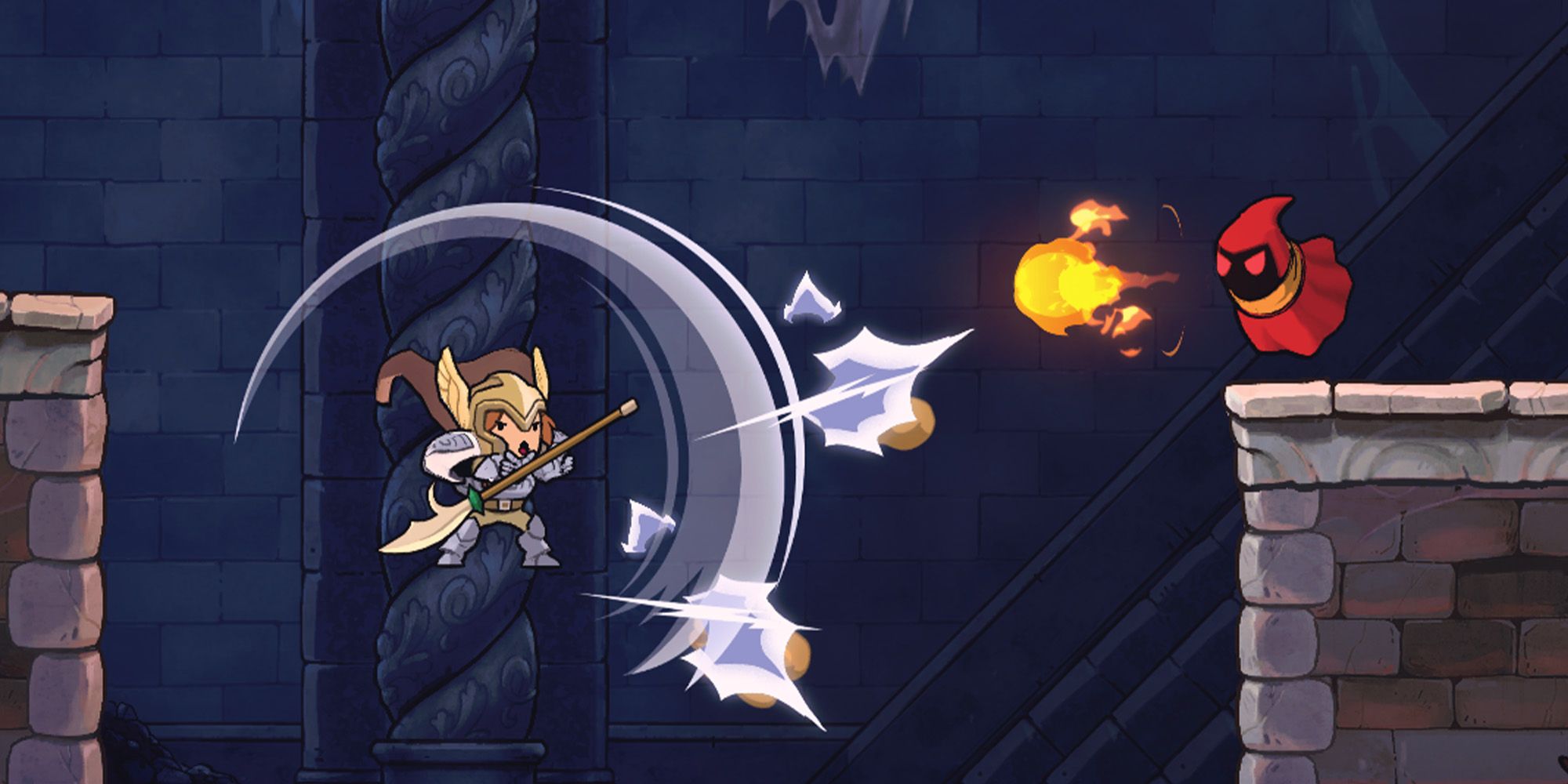 Rogue Legacy 2 screenshot of Valkyrie spinning their spear to block fireball projectiles