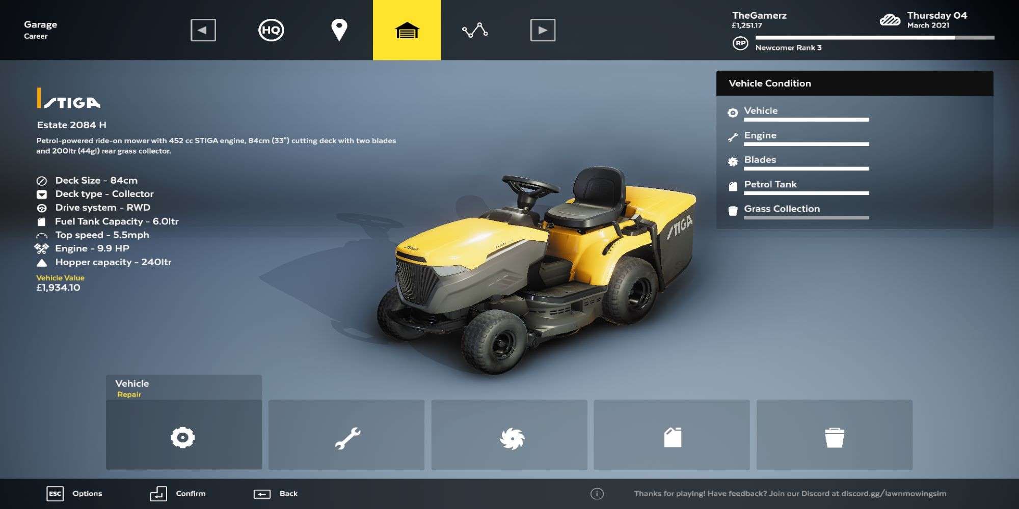 The vehicle maintenance menu for the Stiga Estate 2084 H in the garage. Lawn Mowing Simulator.