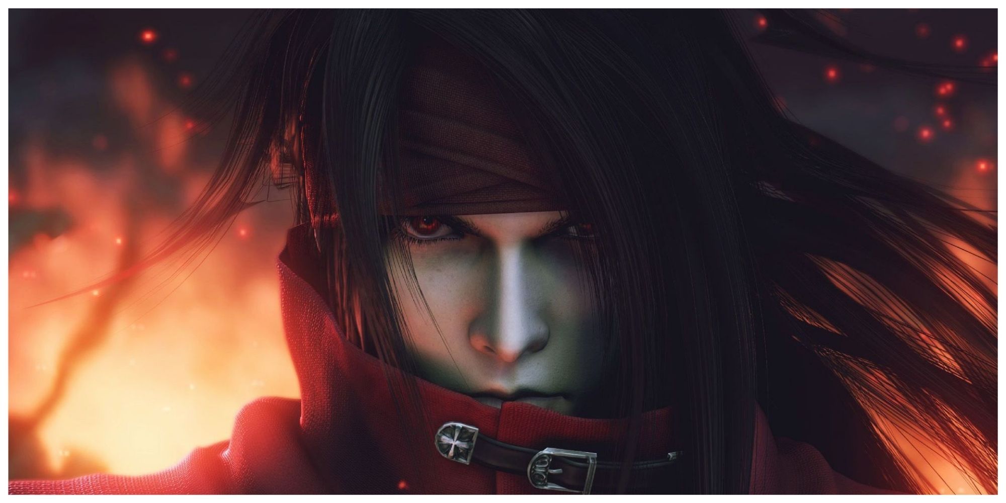 Vincent Valentine Final Fantasy VII with fire behind him looking mad