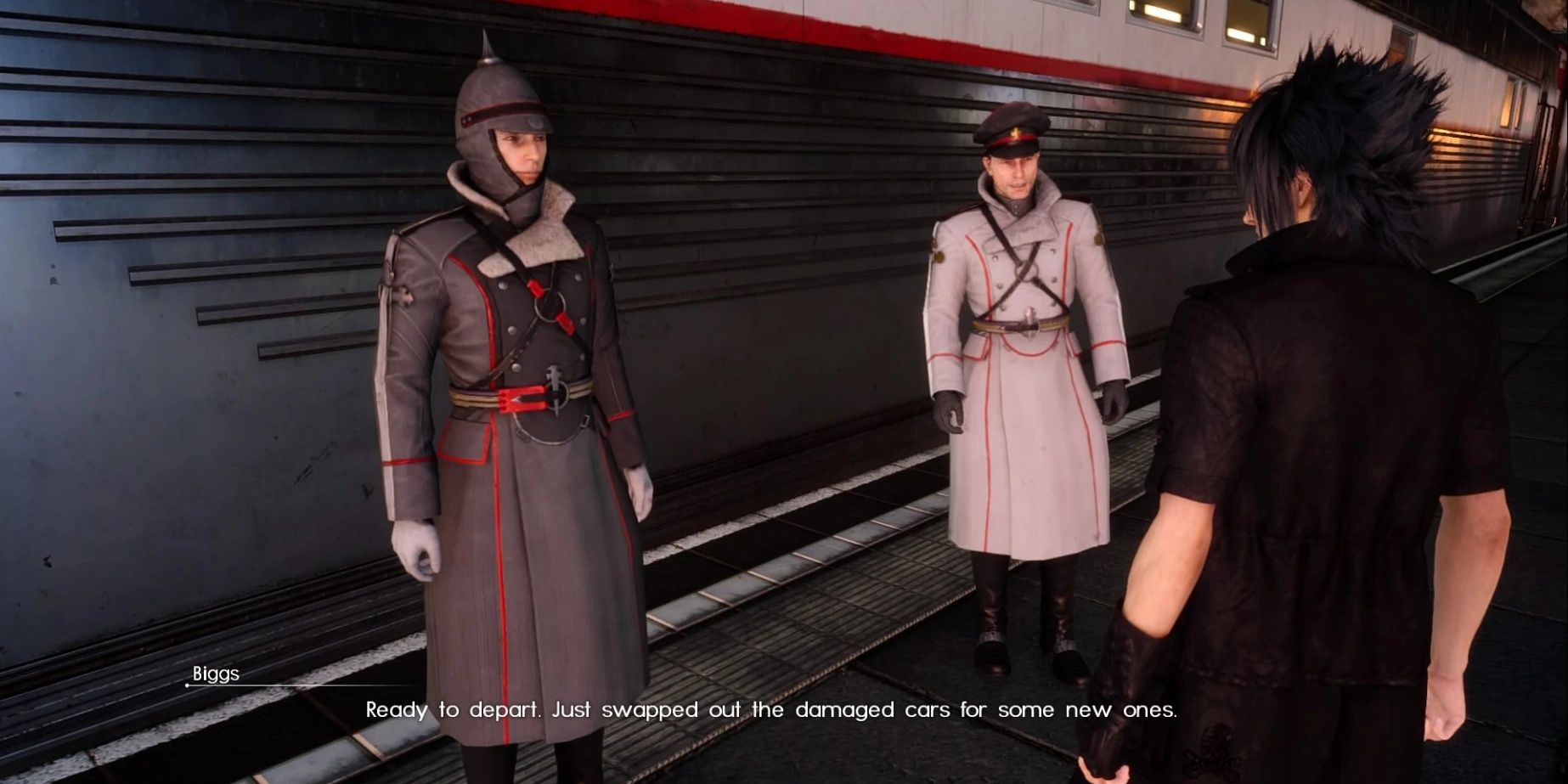Wedge (left) and Biggs (middle) talk to Noctis (right). Not pictured, Aranea, Wedge and Biggs' boss.