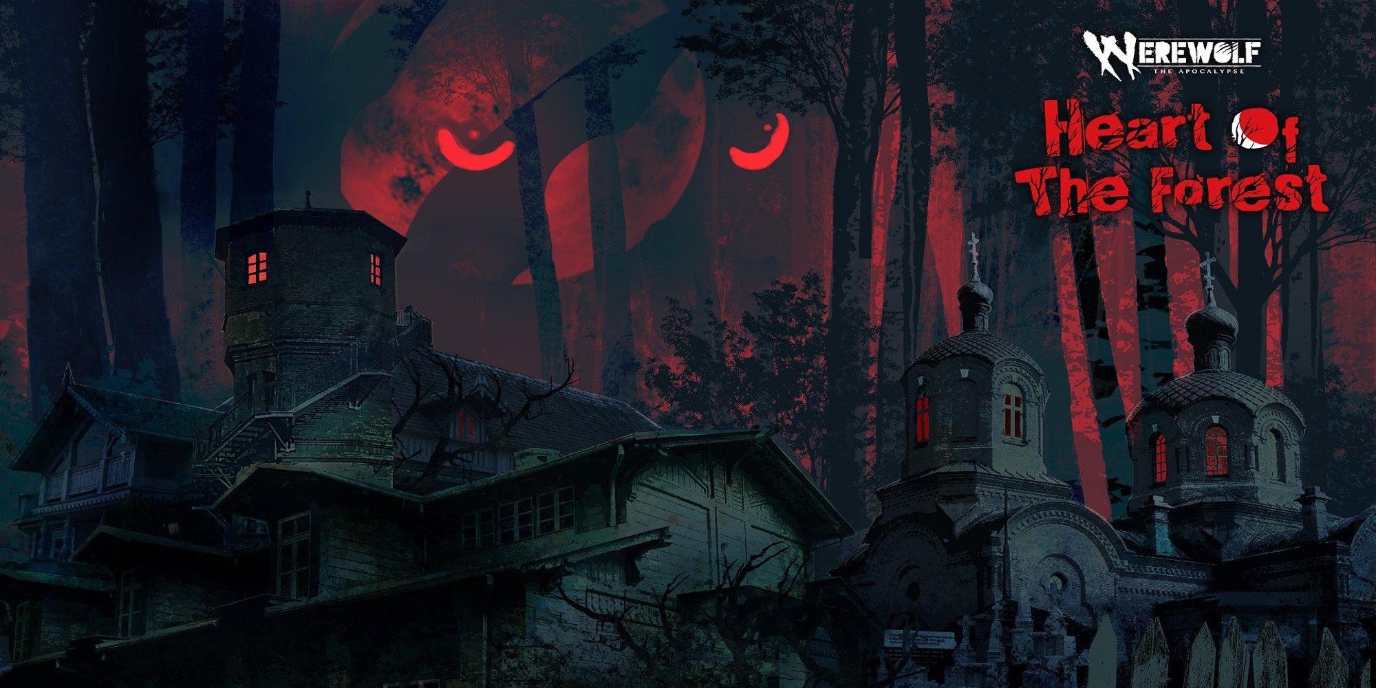 A picture of a forest with a pair of red eyes looming overhead a house