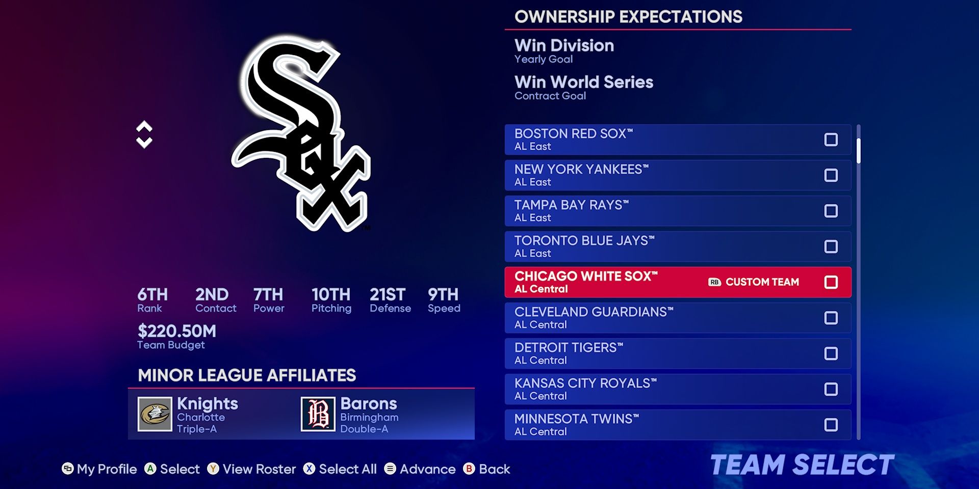Chicago White Sox Franchise Mode Team Select