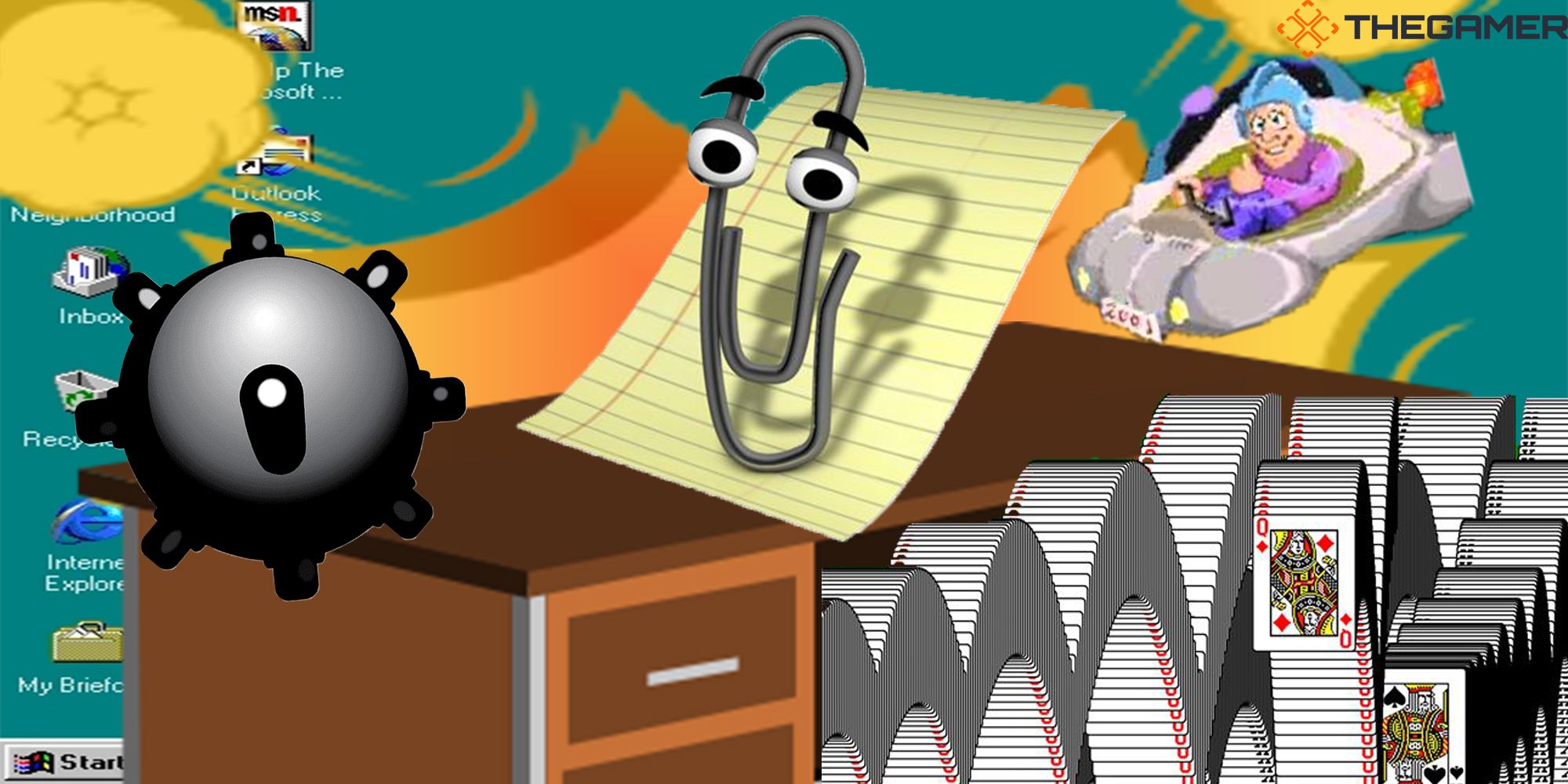 Clippy, jumping solitaire cards, a mine, and the pinball space cadet face off in the Windows 95 Game Multiverse.