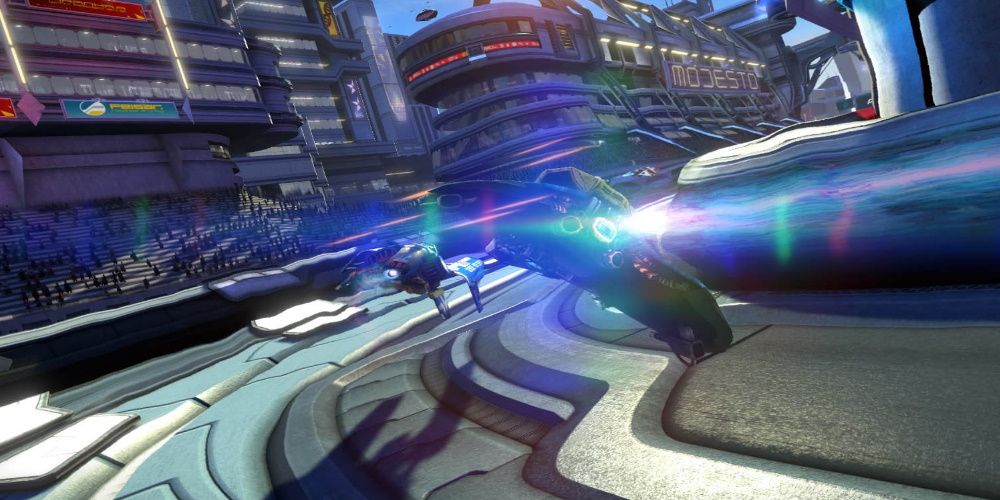 Wipeout Omega Collection, turning a sharp corner in a futuristic racing car