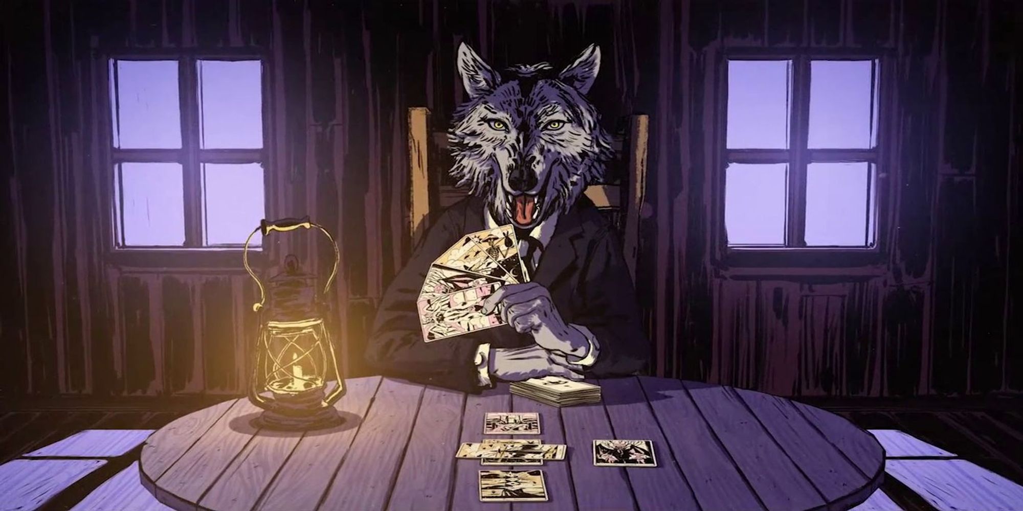 Wolf playing cards in dimly lit room 
