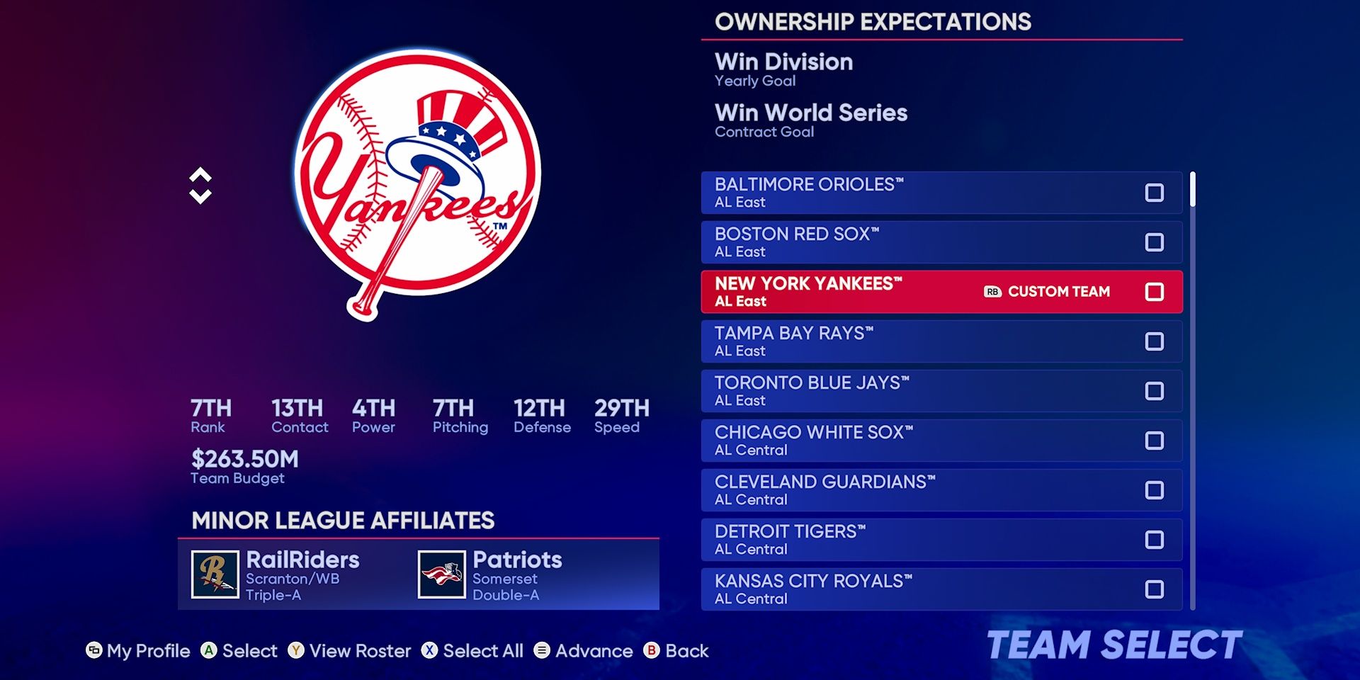 New York Yankees Franchise Mode Team Select